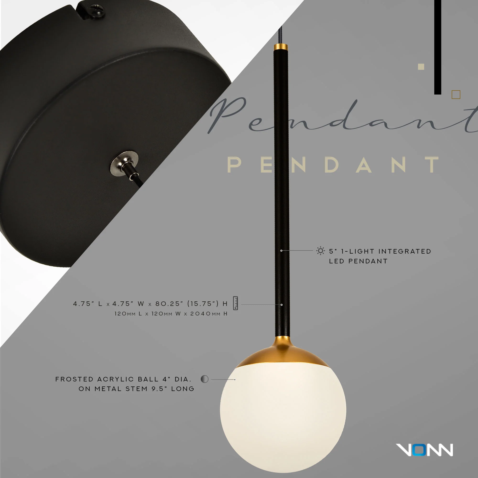 VONN Capri VCP2101BL 5" 1-Light Integrated LED ETL Certified Height Adjustable Pendant, with Glass Shade, Black - Image 6