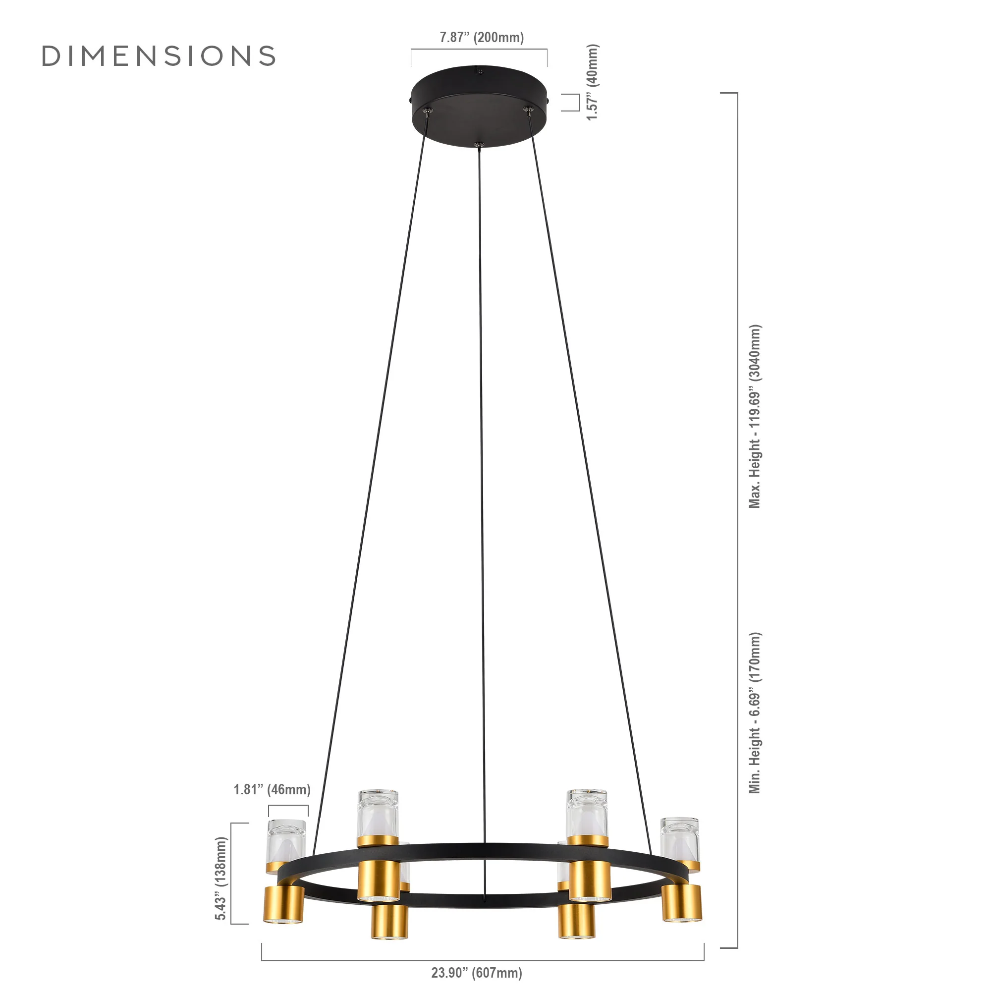 VONN Artisan Ellegi VMC34224BL 24" Integrated LED ETL Certified Pendant, Height Adjustable Chandelier, Black - Image 15