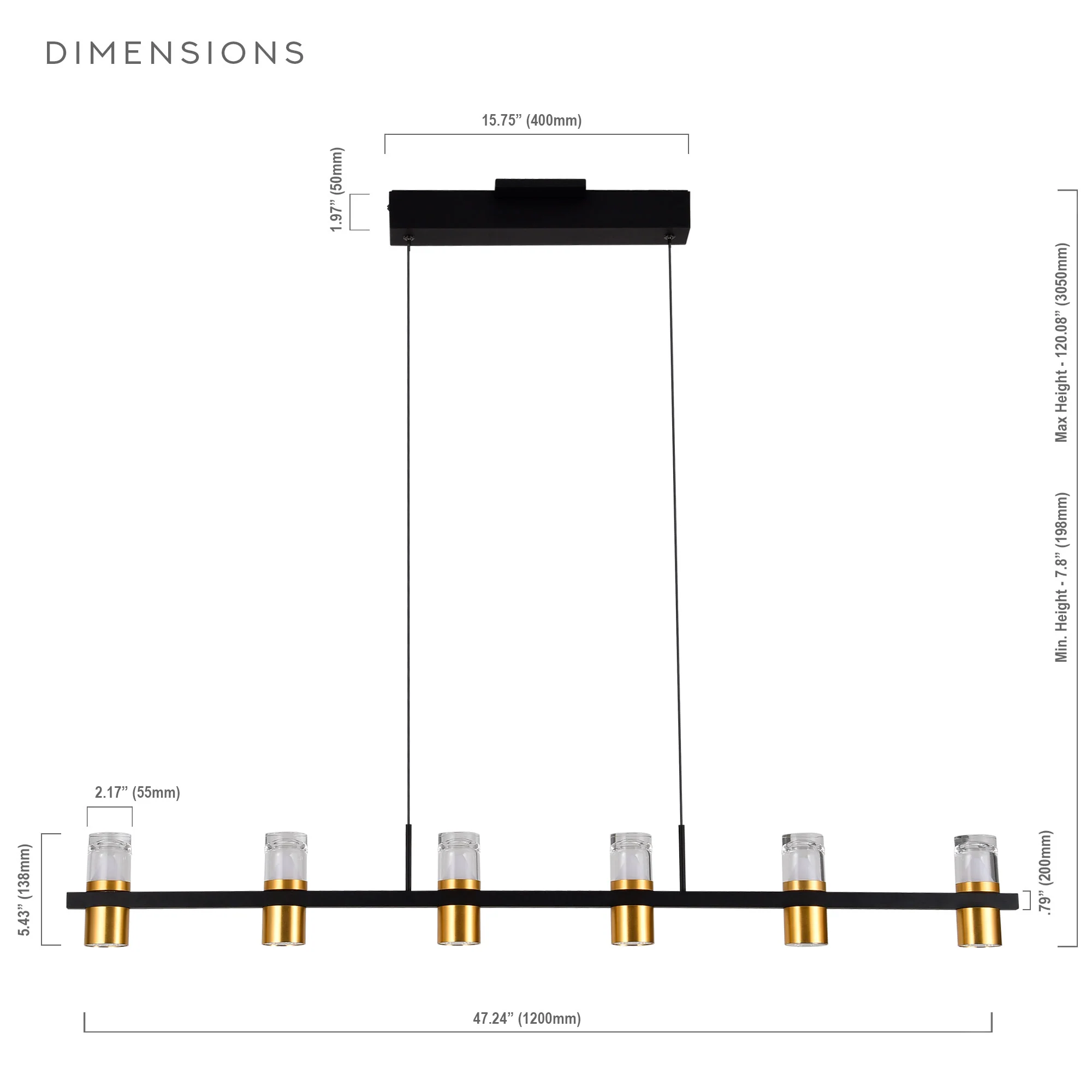 VONN Artisan Ellegi VMC34247BL 47" Integrated LED ETL Certified Pendant, Height Adjustable Chandelier, Black - Image 12