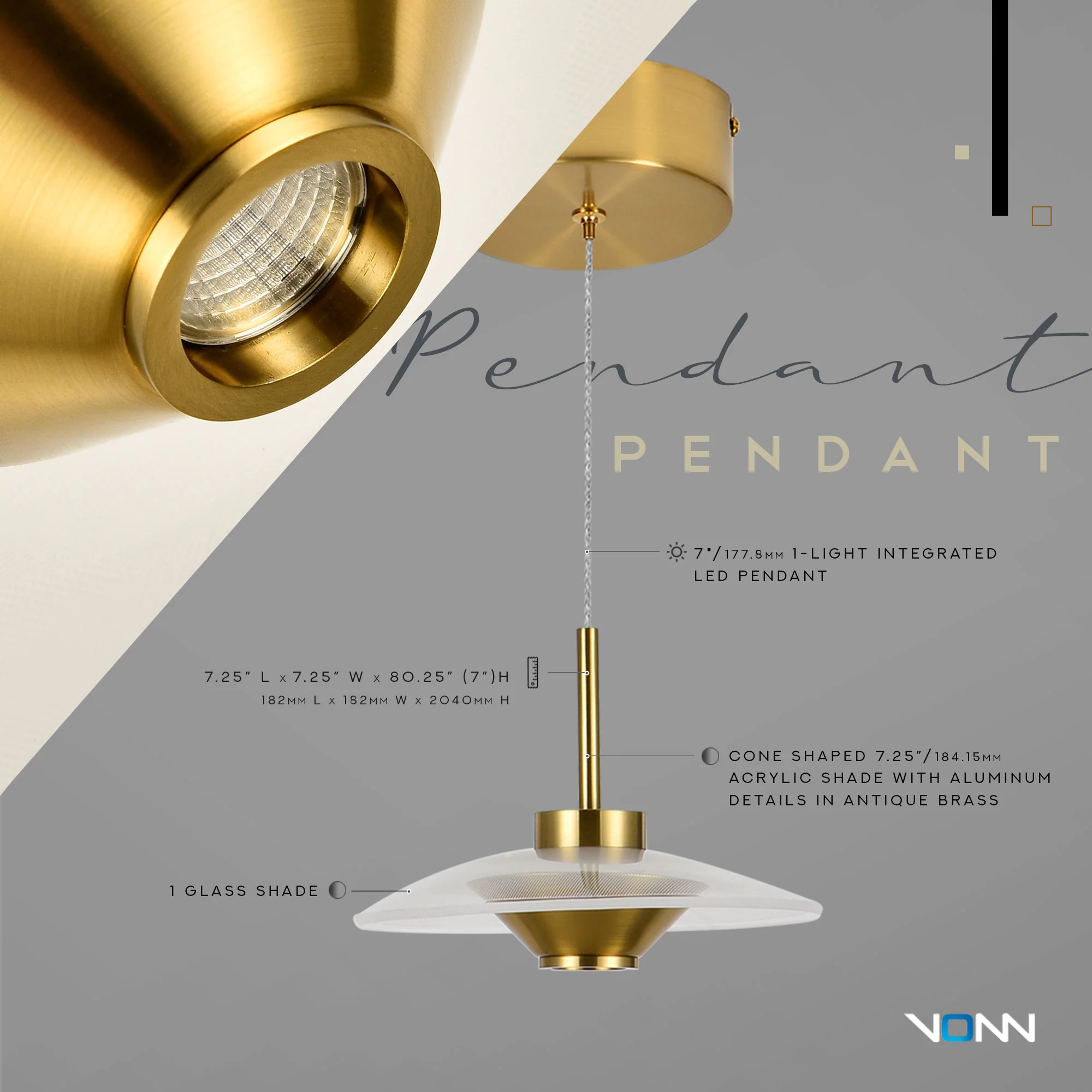 VONN Artisan Ferrara VAP2321AB 7" Integrated LED ETL Certified Height Adjustable Pendant, Antique Brass - Image 6