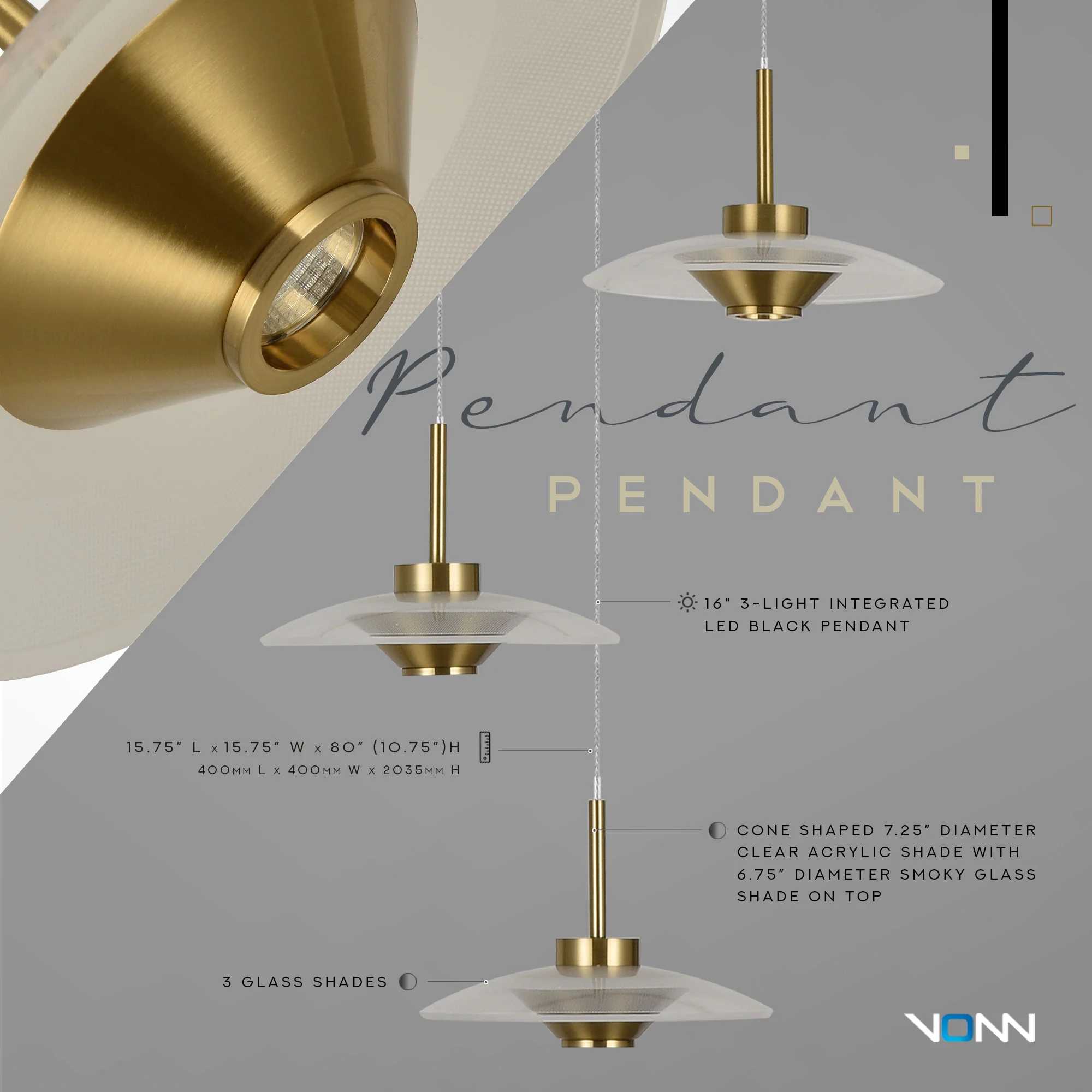 VONN Artisan Ferrara VAP2323AB 16" Integrated LED ETL Certified Pendant, Height Adjustable Chandelier, Antique Brass - Image 6