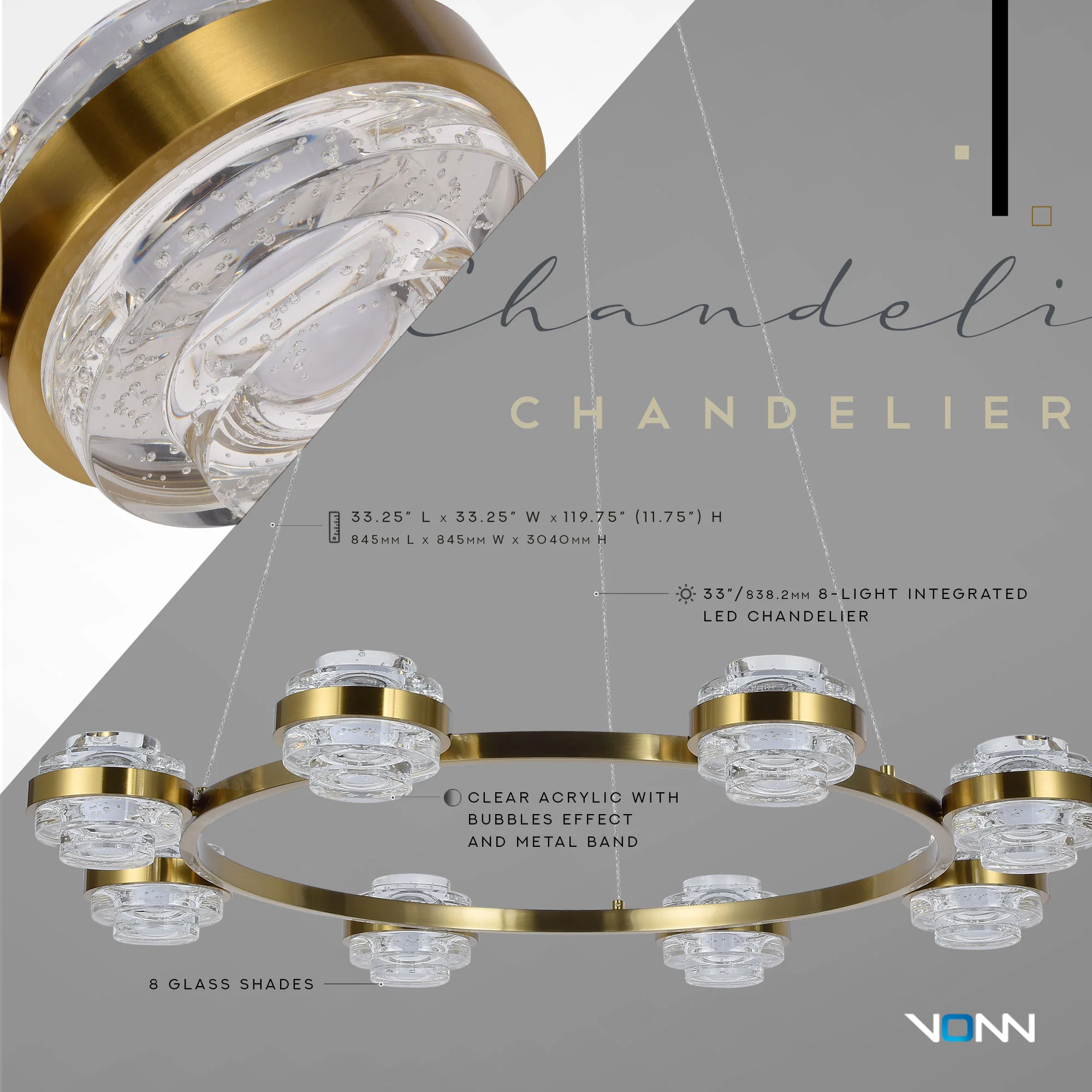 VONN Artisan Milano VAC3338AB 33" Integrated LED ETL Certified Pendant, Height Adjustable Ring Chandelier, Antique Brass - Image 6