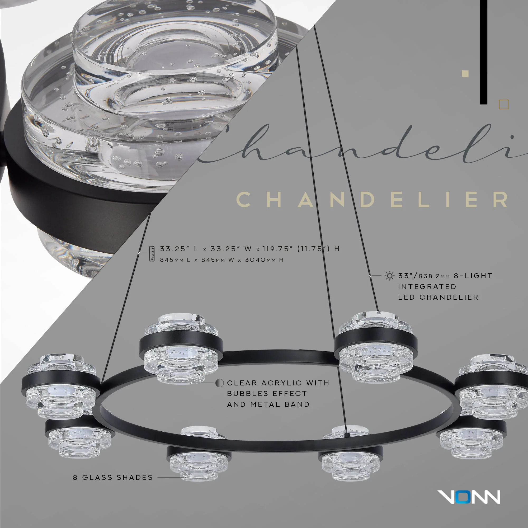 VONN Artisan Milano VAC3338BL 33" Integrated LED ETL Certified Pendant, Height Adjustable Ring Chandelier, Black - Image 6