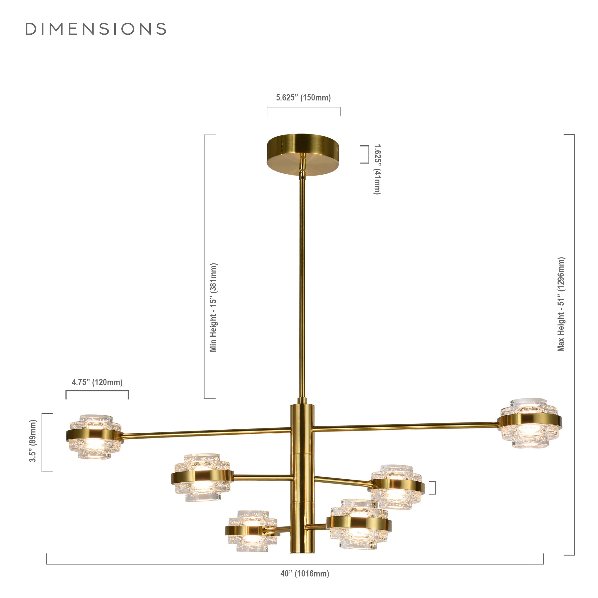 VONN Artisan Milano VAC333RD6AB 40" Integrated LED ETL Certified Chandelier with Height Adjustable Rods, Antique Brass - Image 11