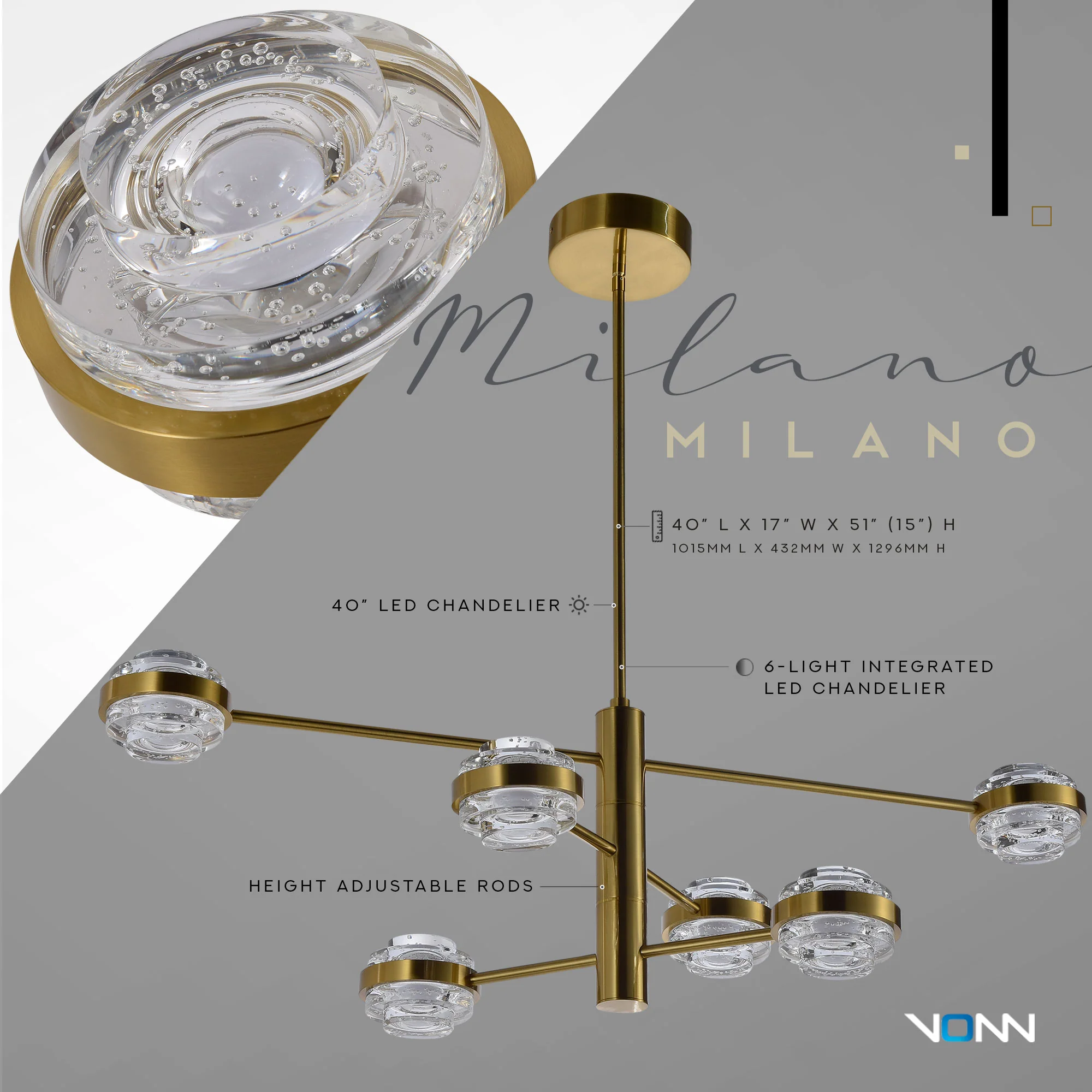 VONN Artisan Milano VAC333RD6AB 40" Integrated LED ETL Certified Chandelier with Height Adjustable Rods, Antique Brass - Image 4