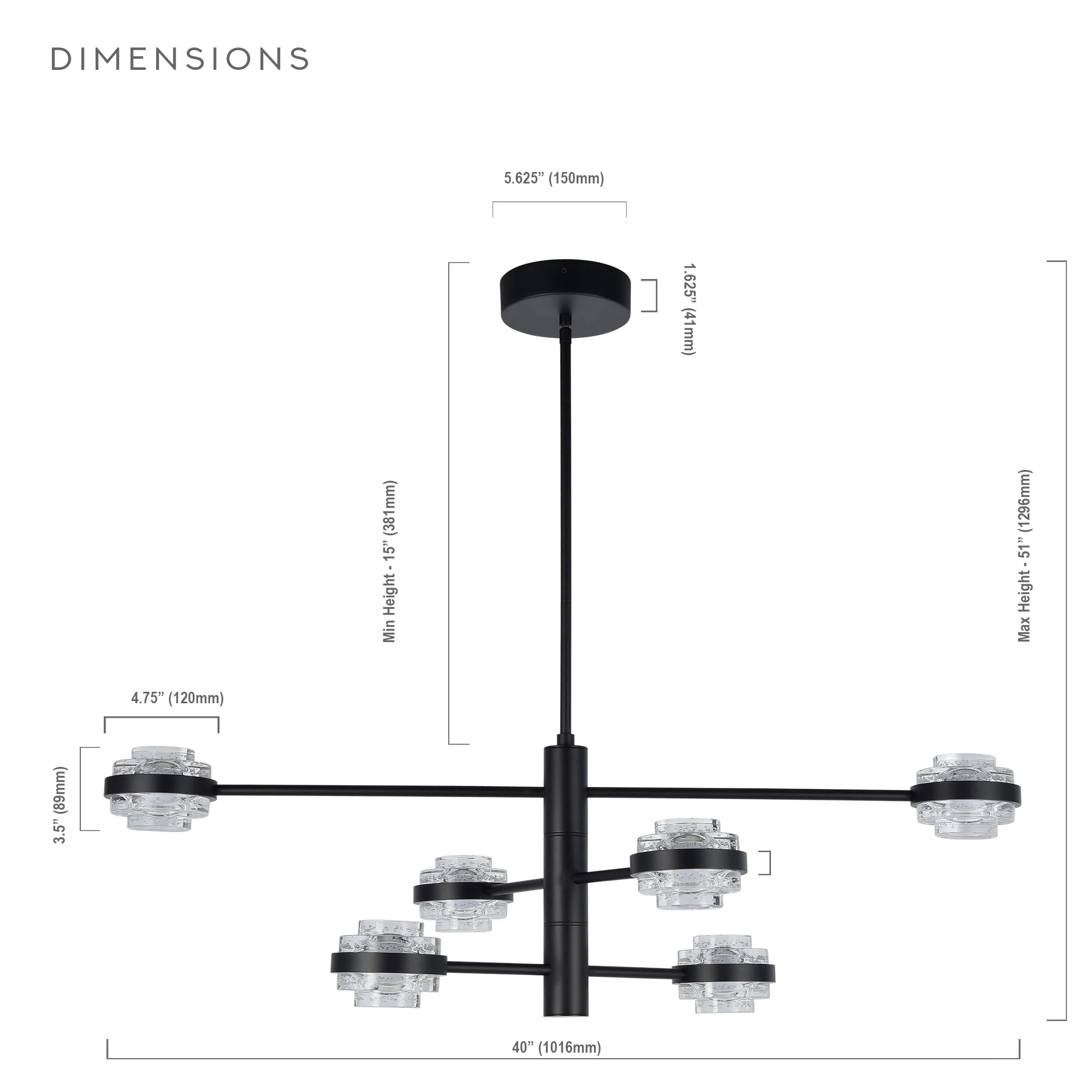 VONN Artisan Milano VAC333RD6BL 40" Integrated LED ETL Certified Chandelier with Height Adjustable Rods, Black - Image 13
