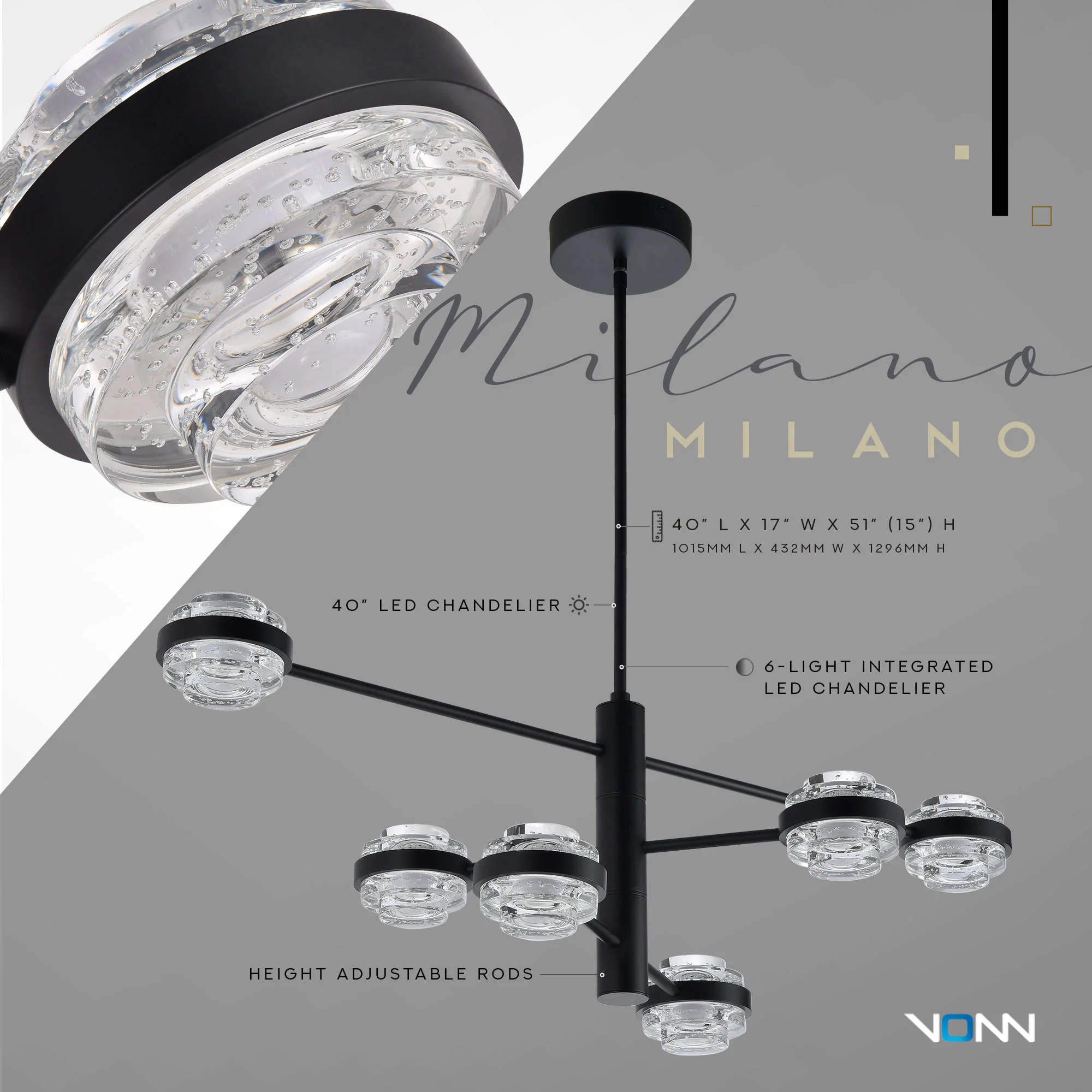 VONN Artisan Milano VAC333RD6BL 40" Integrated LED ETL Certified Chandelier with Height Adjustable Rods, Black - Image 6