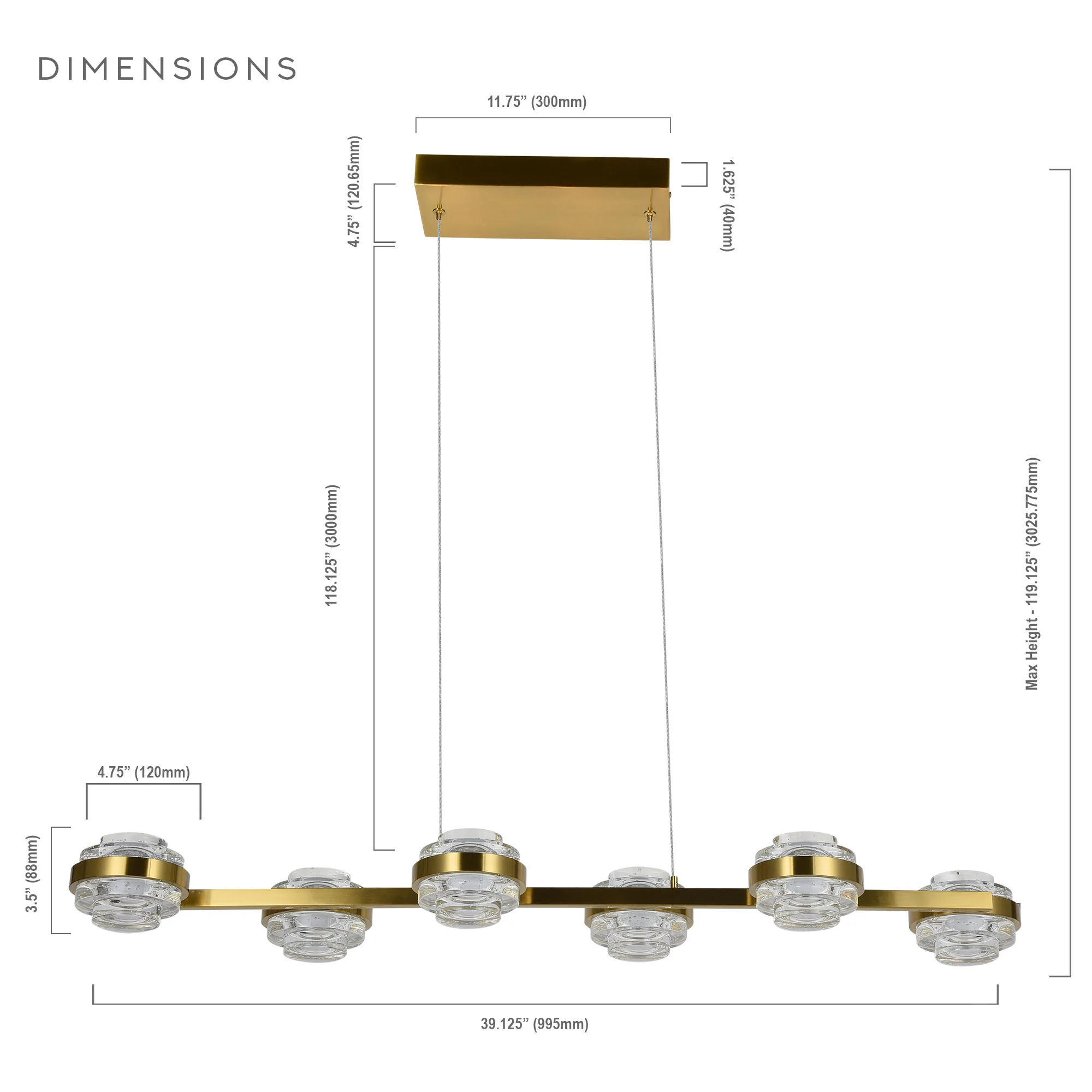 VONN Artisan Milano VAC3LN336AB 39" Integrated LED ETL Certified Pendant, Height Adjustable Chandelier, Antique Brass - Image 13