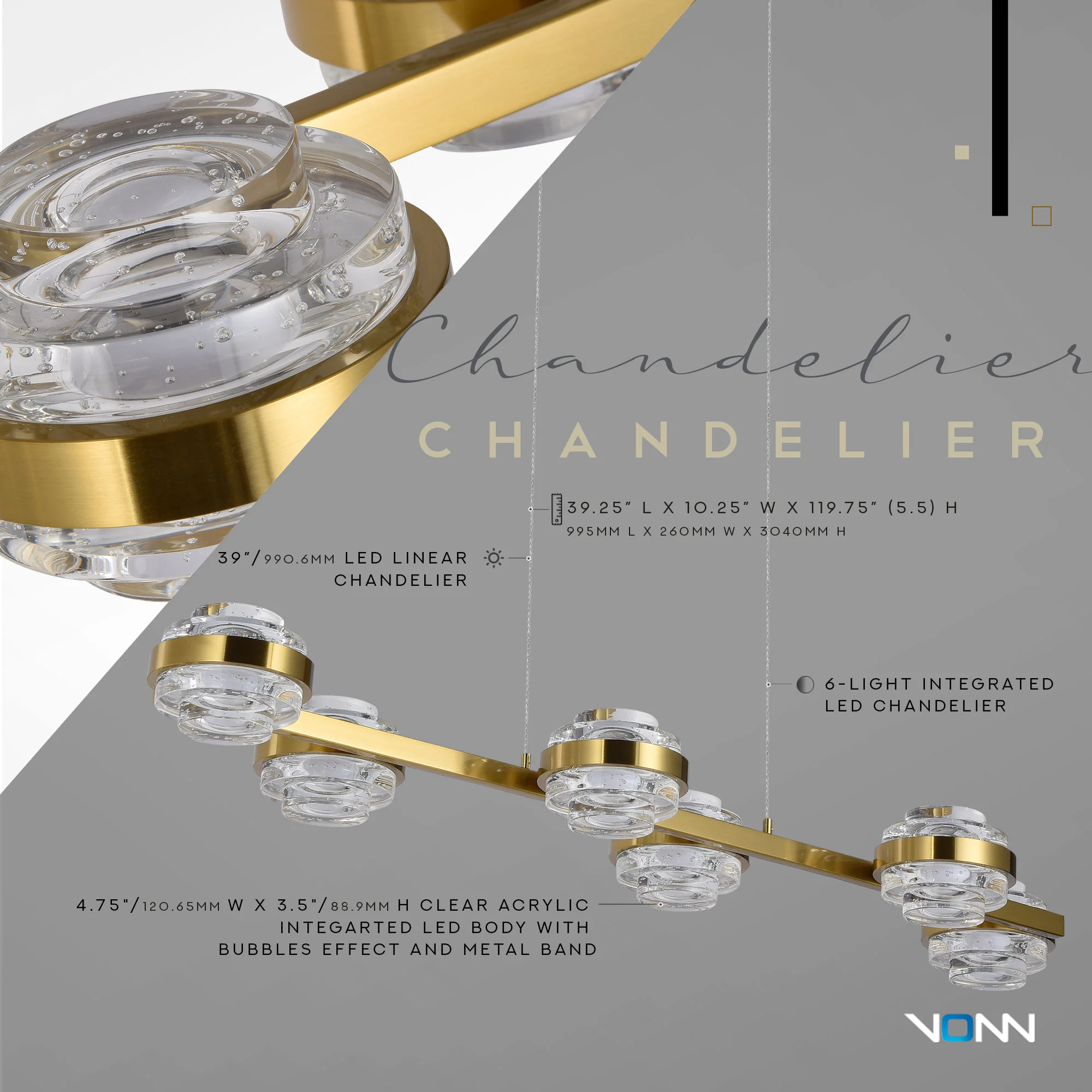 VONN Artisan Milano VAC3LN336AB 39" Integrated LED ETL Certified Pendant, Height Adjustable Chandelier, Antique Brass - Image 6