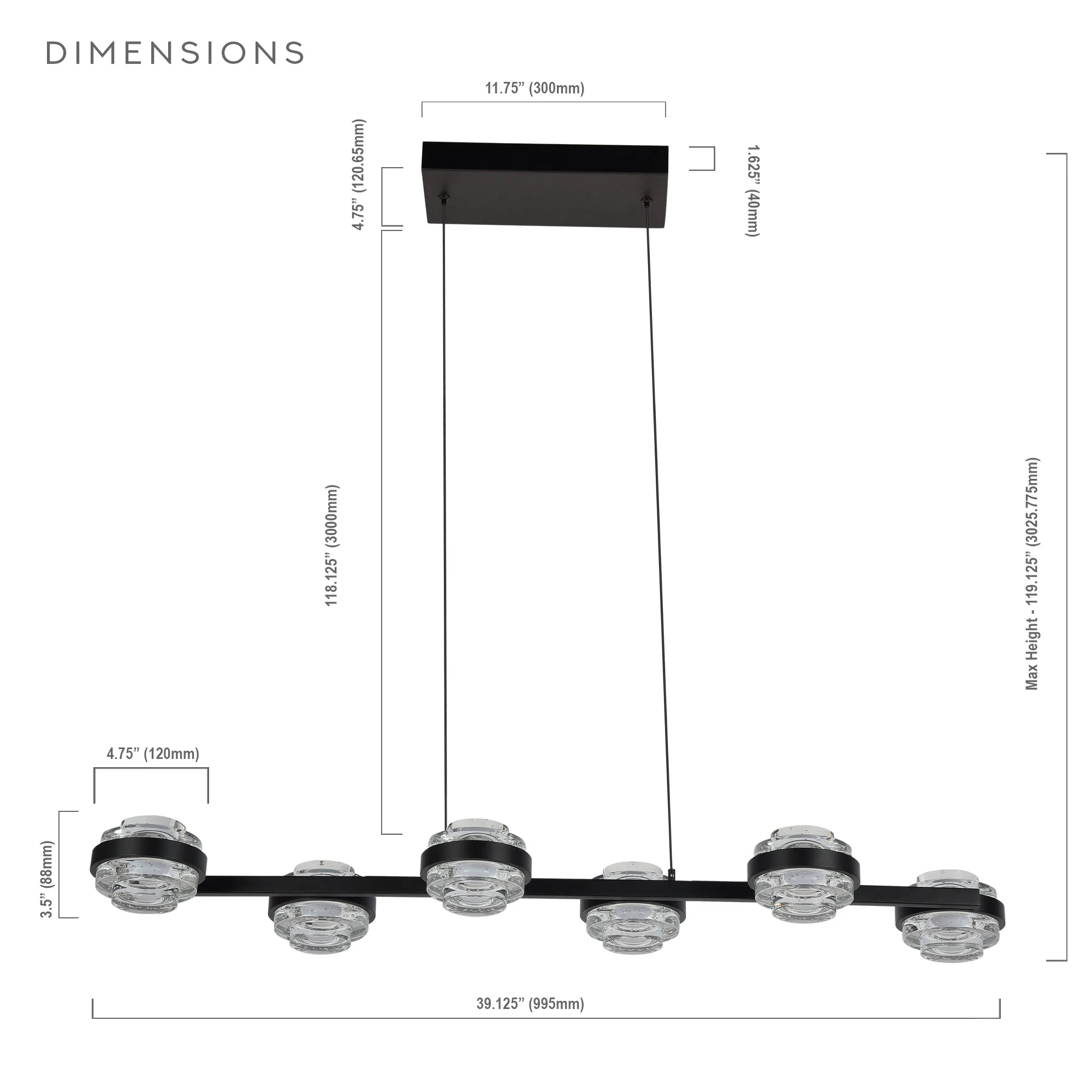 VONN Artisan Milano VAC3LN336BL 39" Integrated LED ETL Certified Pendant, Height Adjustable Chandelier, Black - Image 12