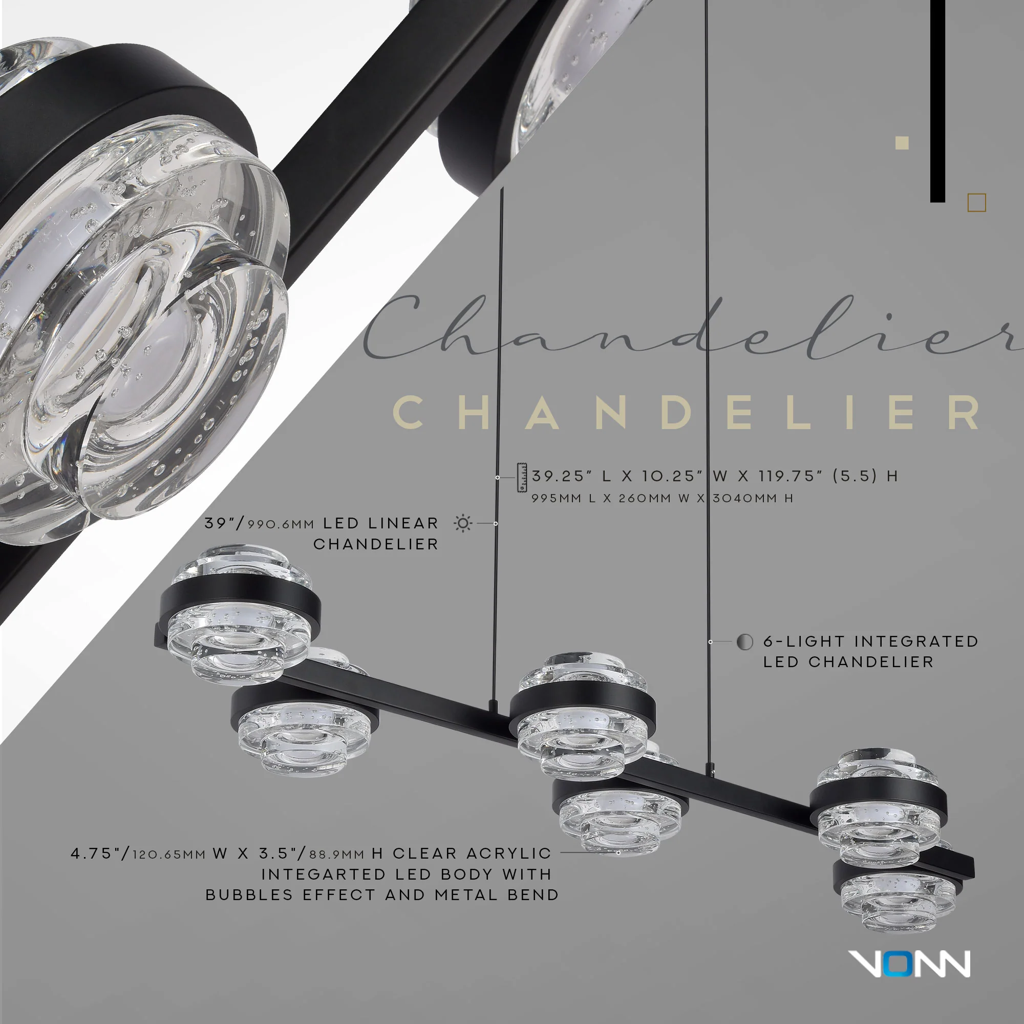 VONN Artisan Milano VAC3LN336BL 39" Integrated LED ETL Certified Pendant, Height Adjustable Chandelier, Black - Image 5