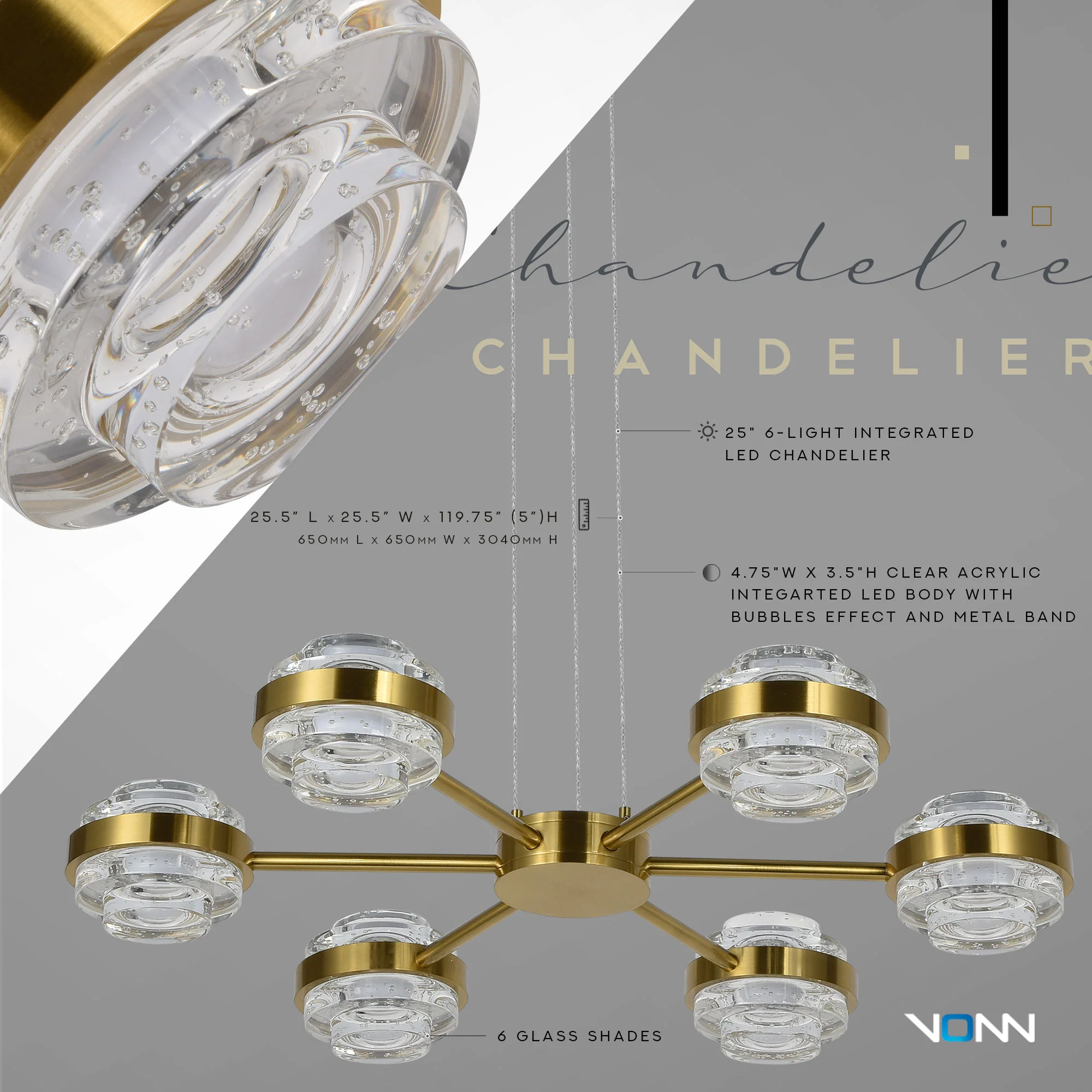 VONN Artisan Milano VAP2336AB 25" Integrated LED ETL Certified Pendant, Height Adjustable Chandelier, Antique Brass - Image 6