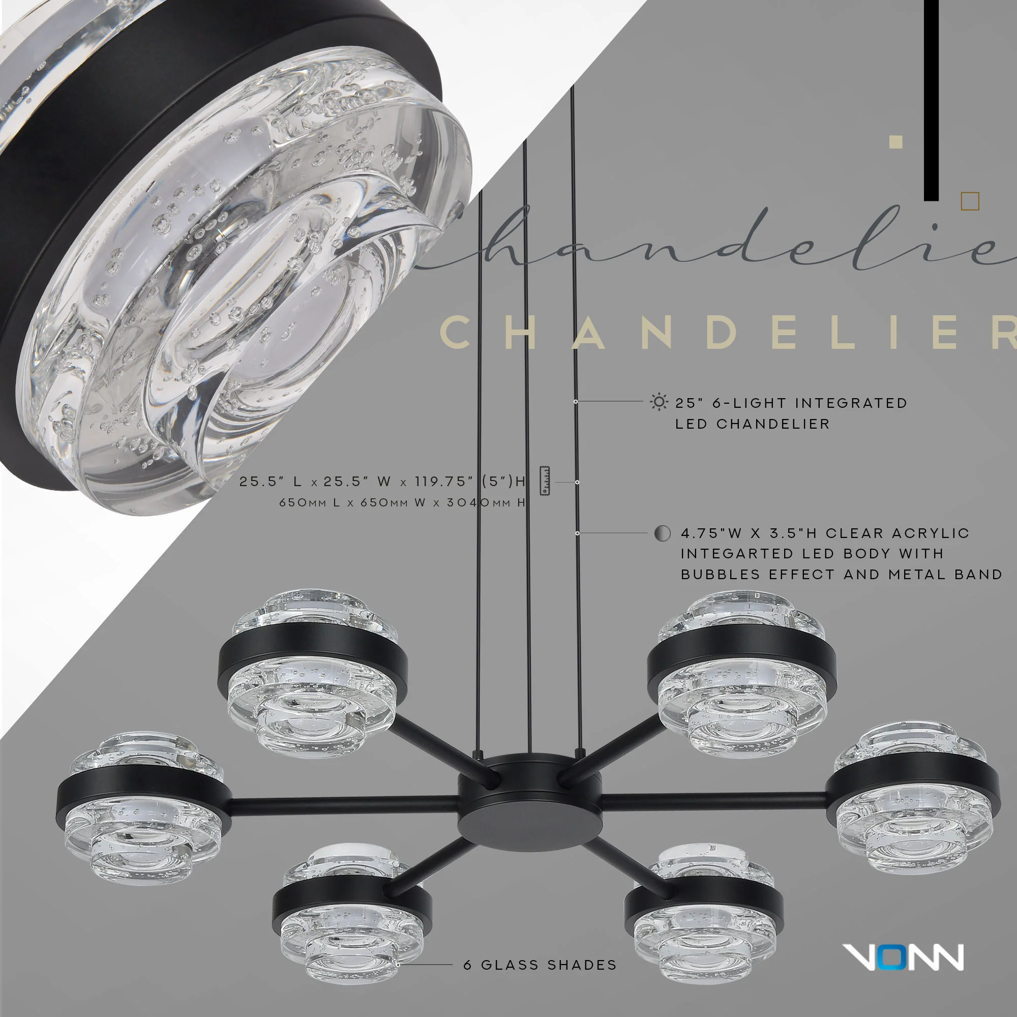VONN Artisan Milano VAP2336BL 25" Integrated LED ETL Certified Pendant, Height Adjustable Chandelier, Black - Image 6