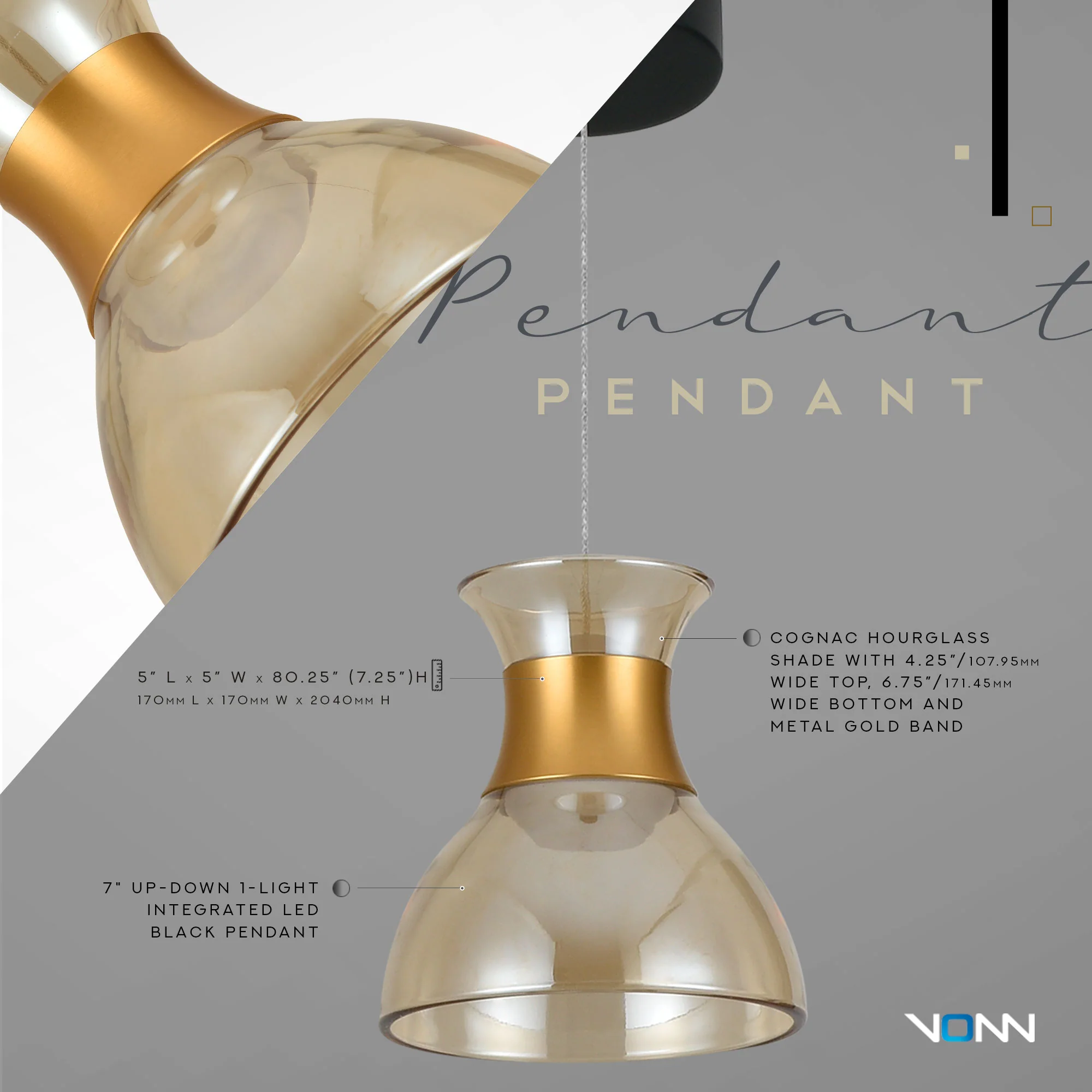 VONN Artisan Palermo VAP2301BL 7" Up-Down Integrated LED ETL Certified Height Adjustable Pendant, Black - Image 4