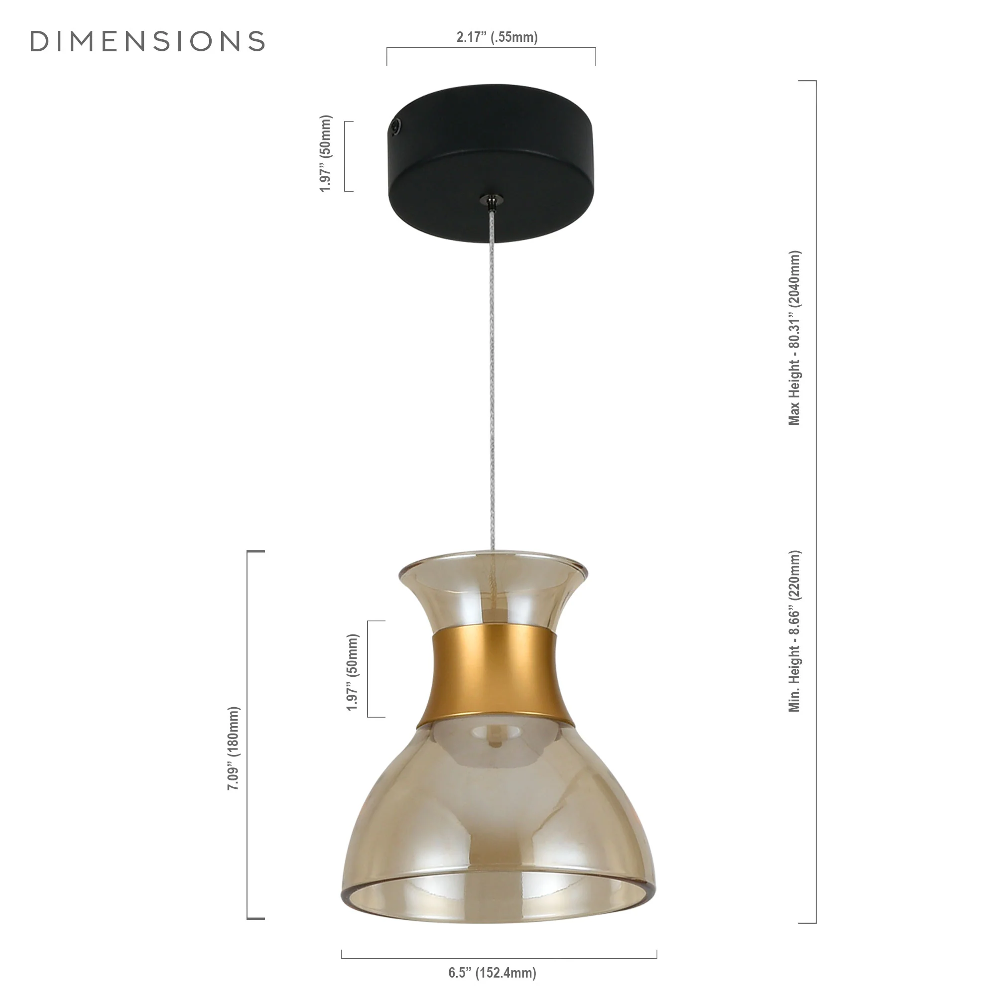 VONN Artisan Palermo VAP2301BL 7" Up-Down Integrated LED ETL Certified Height Adjustable Pendant, Black - Image 5
