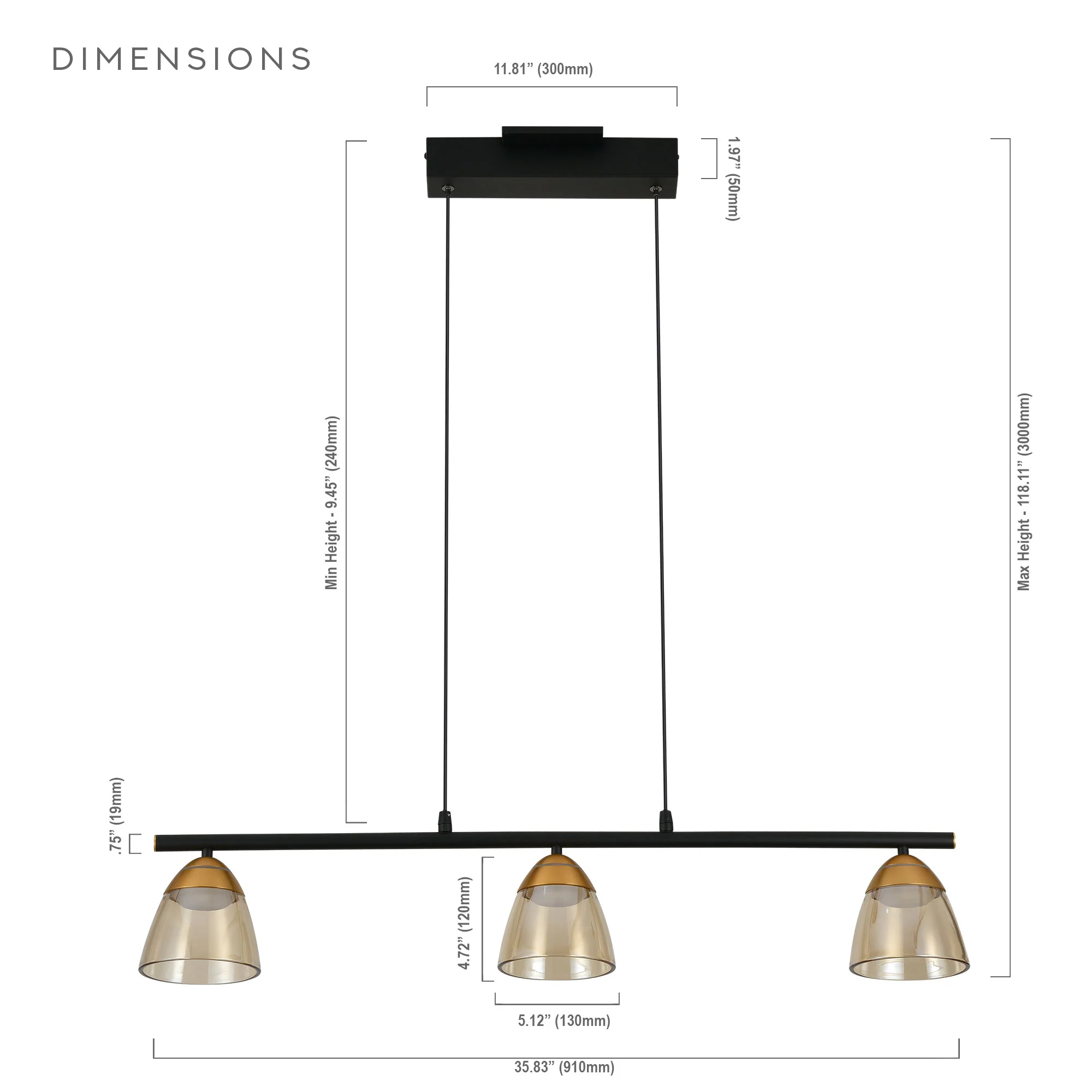 VONN Artisan Roma VAC3293BL 36" Integrated LED ETL Certified Pendant, Height Adjustable Chandelier, Black - Image 13