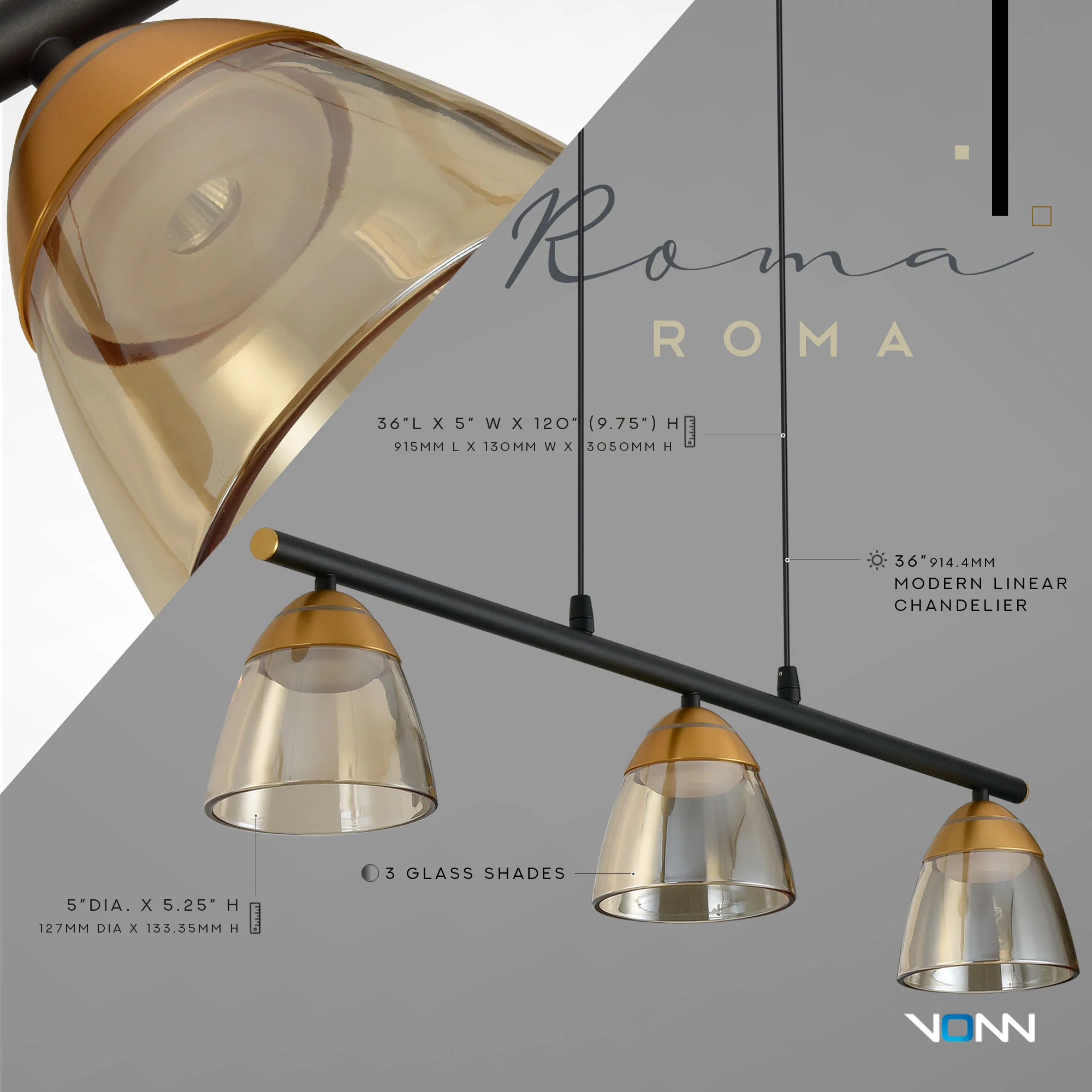 VONN Artisan Roma VAC3293BL 36" Integrated LED ETL Certified Pendant, Height Adjustable Chandelier, Black - Image 6