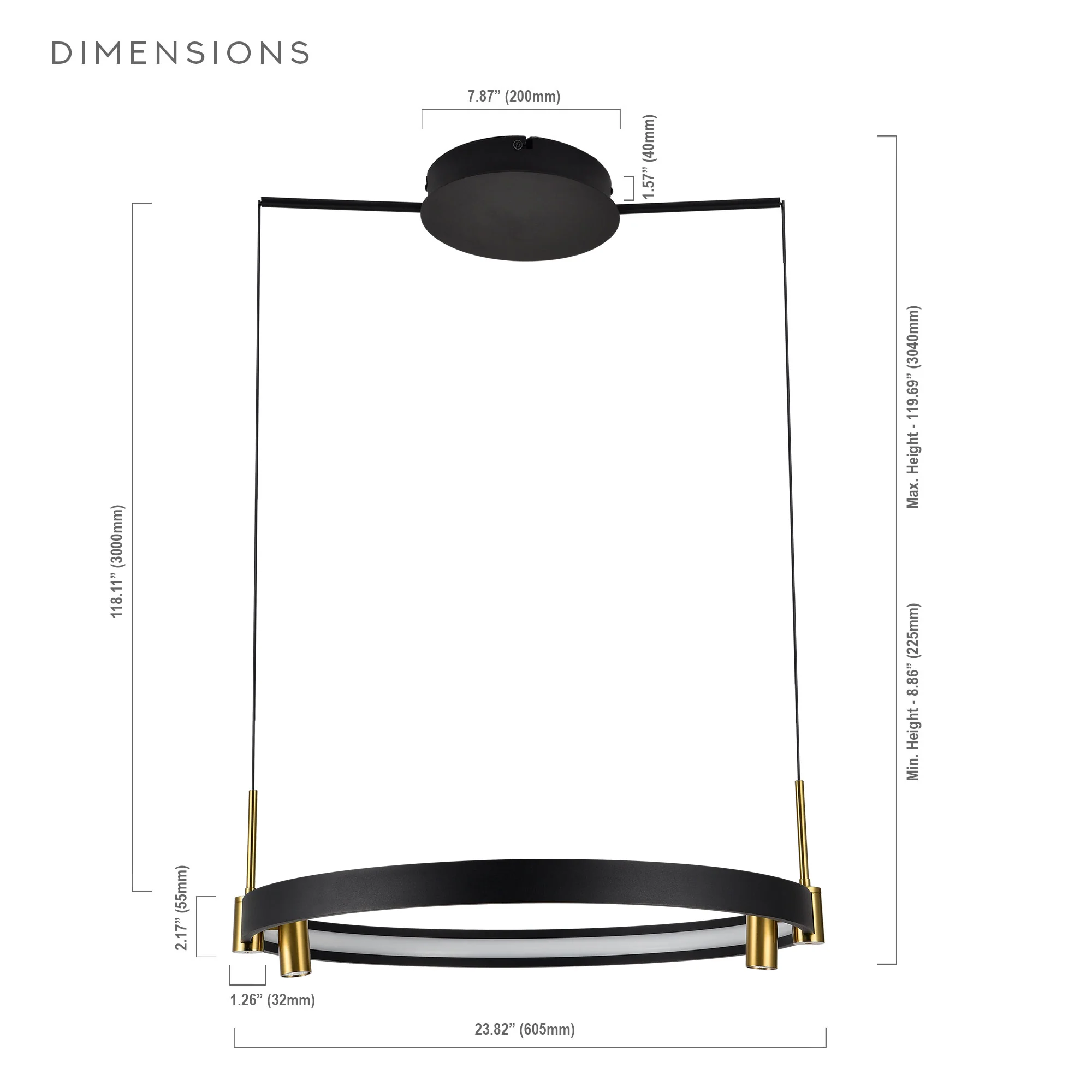 VONN Tania VMC33223BL 23" 100-277V Integrated LED ETL Certified Pendant, Height Adjustable Ring Chandelier, Black - Image 12