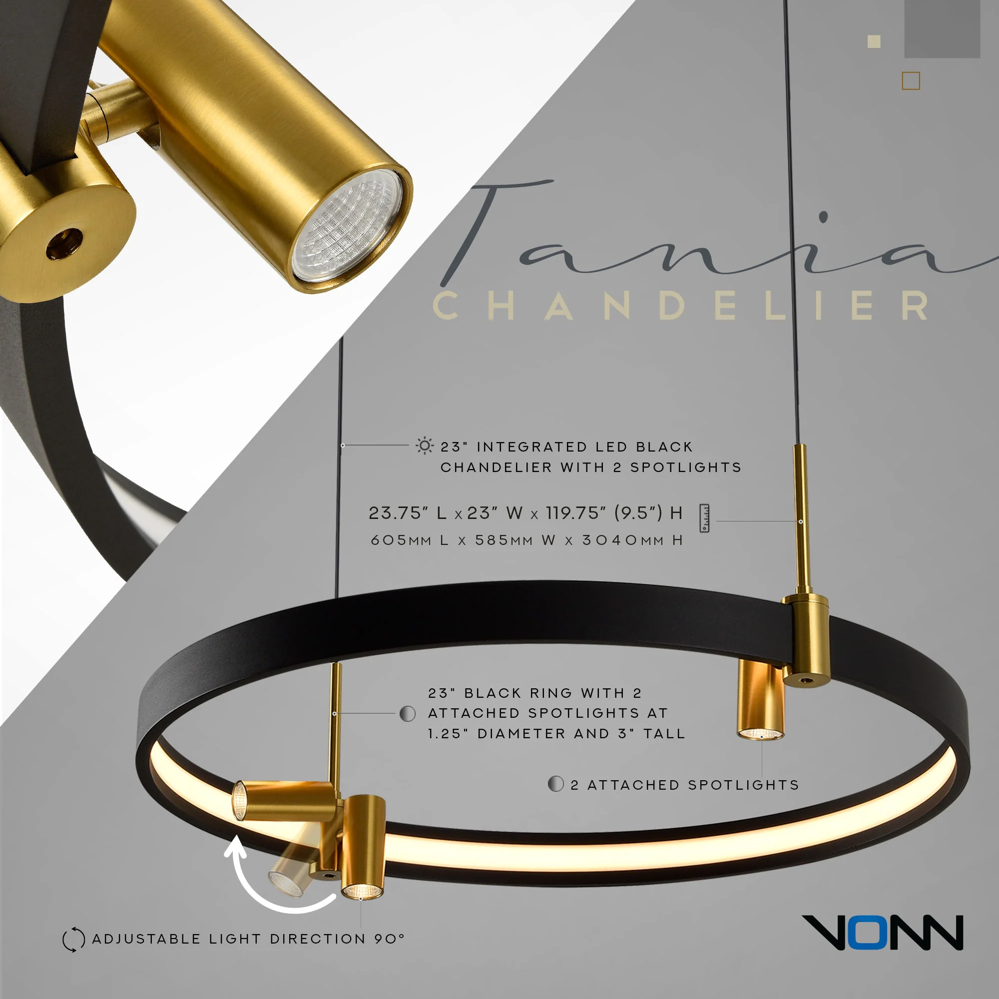 VONN Tania VMC33223BL 23" 100-277V Integrated LED ETL Certified Pendant, Height Adjustable Ring Chandelier, Black - Image 5