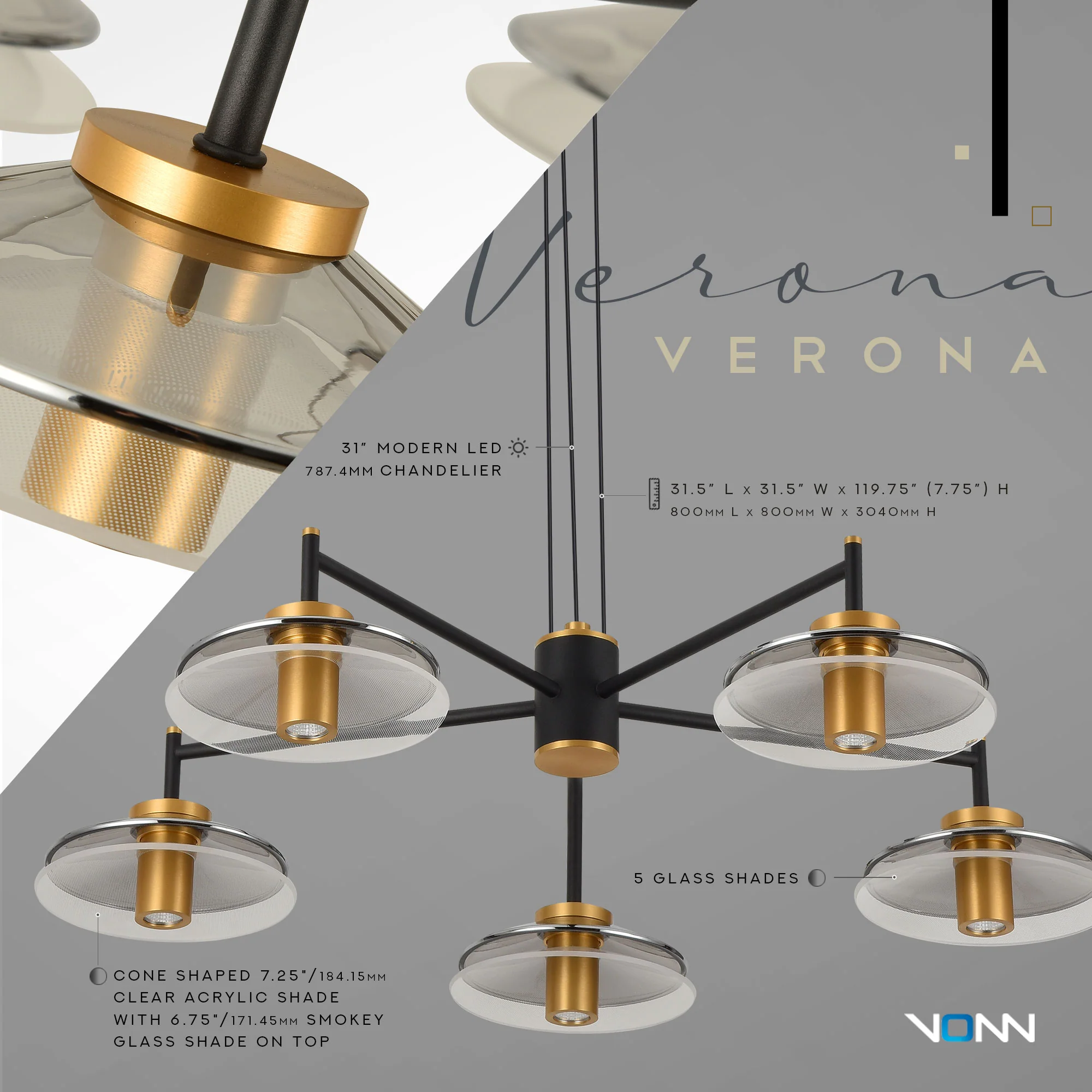 VONN Artisan Verona VAC3315BL 31" Integrated LED ETL Certified Pendant, Height Adjustable Chandelier, Black - Image 6