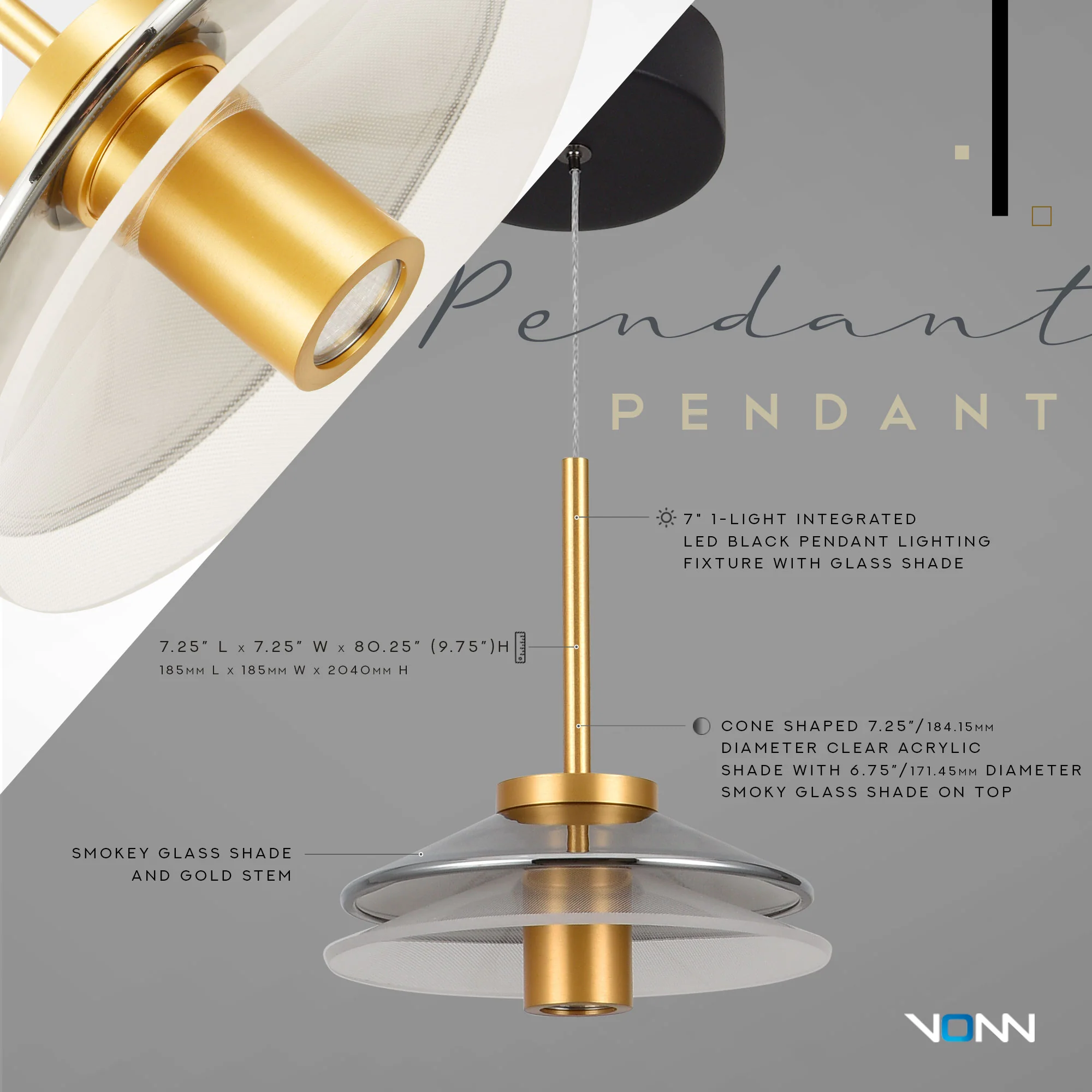 VONN Artisan Verona VAP2311BL 7" Integrated LED ETL Certified Height Adjustable Pendant, with Glass Shade, Black - Image 6