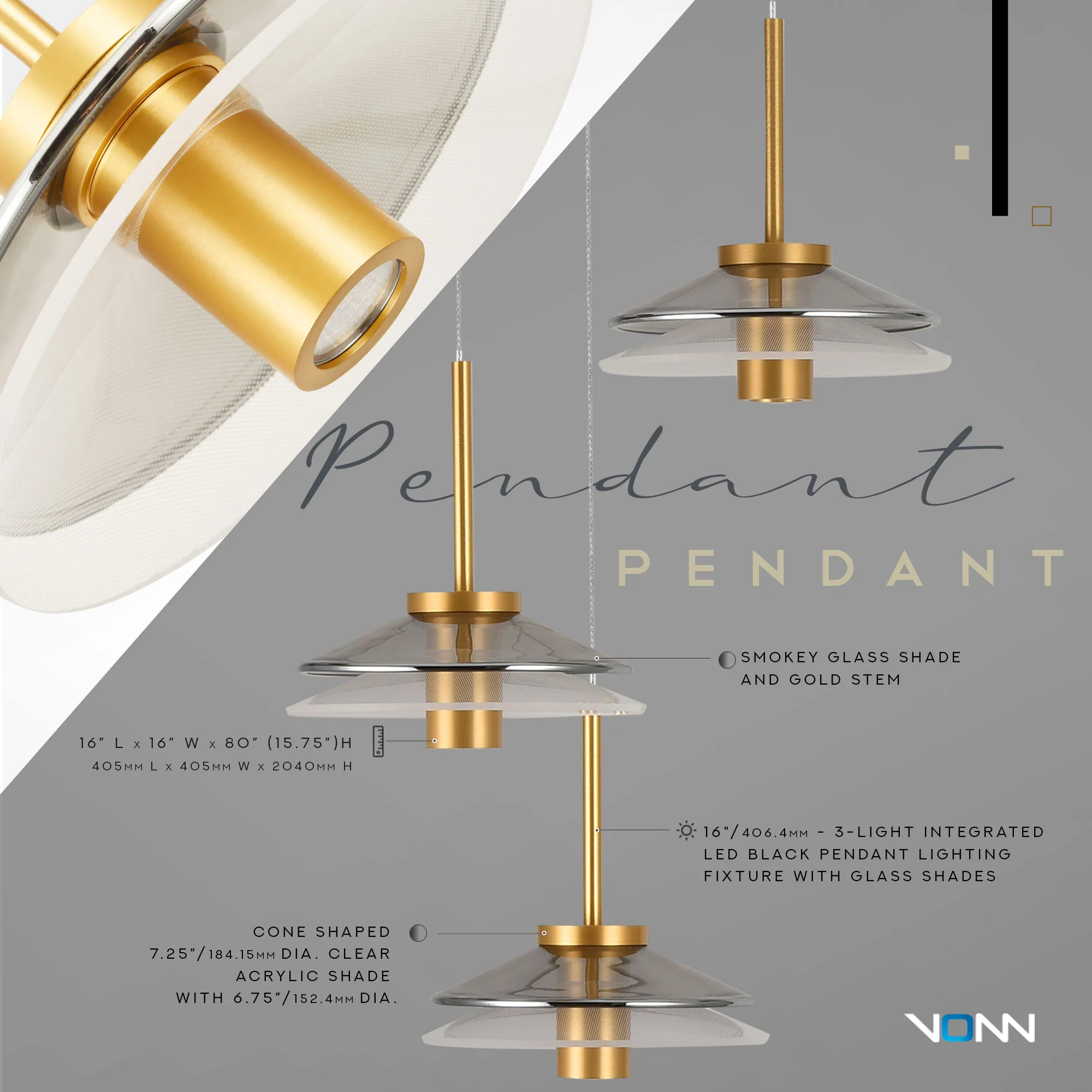 VONN Artisan Verona VAP2313BL 16" Integrated LED ETL Certified Pendant, Height Adjustable Chandelier, Black - Image 5