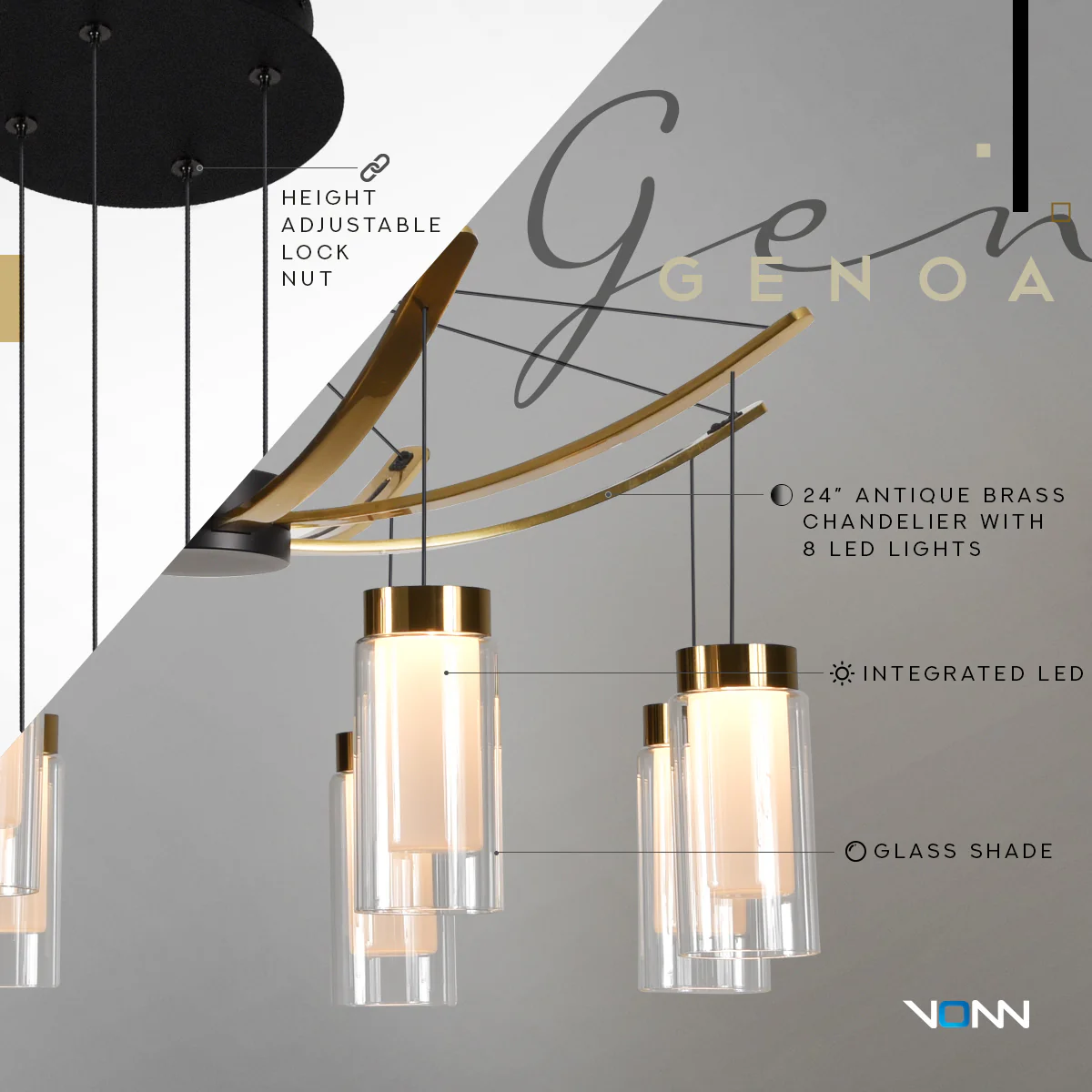 VONN Artisan GENOA VAC3118BL 24" Integrated LED ETL Certified Pendant, Height Adjustable Chandelier, Black - Image 7