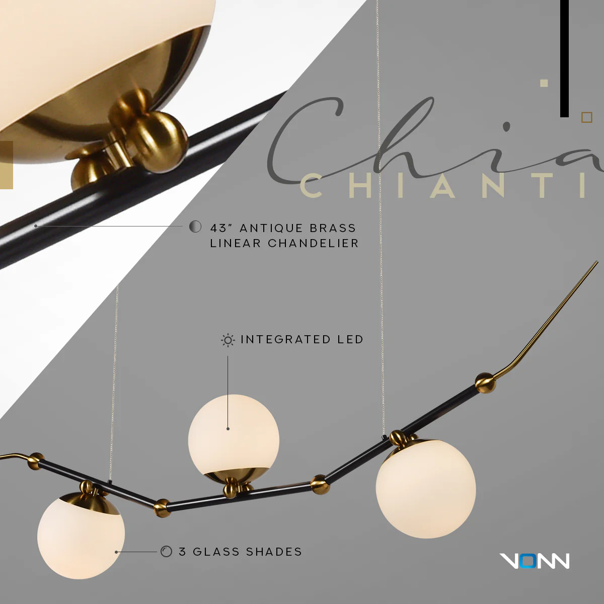 VONN Artisan Chianti VAC3123AB 54" Integrated LED ETL Certified Height Adjustable Pendant, Chandelier, Antique Brass - Image 3
