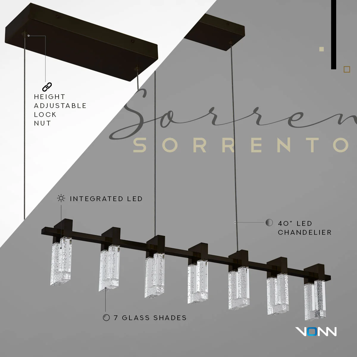 VONN Artisan Sorrento VAC3137BL 40" 7-Light ETL Cert Integrated LED Pendant, Height Adjustable Chandelier, Black - Image 7
