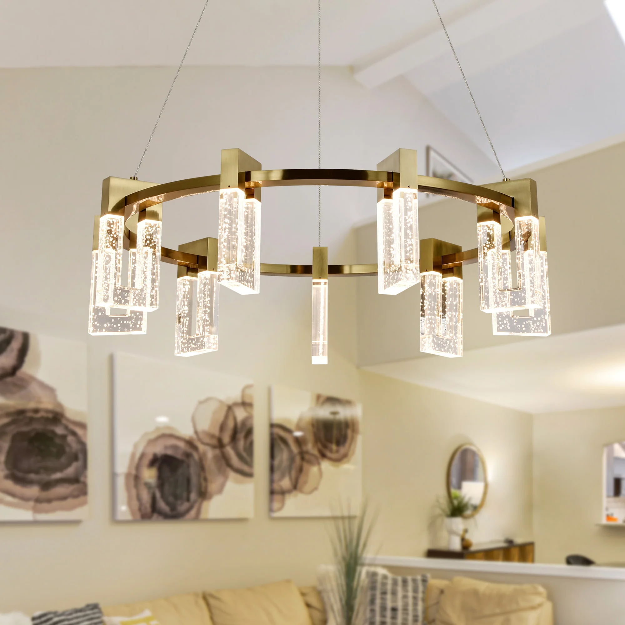 VONN Artisan Sorrento VAC3139AB 27" Integrated LED ETL Certified Pendant, Height Adjustable Ring Chandelier, Antique Brass - Image 2