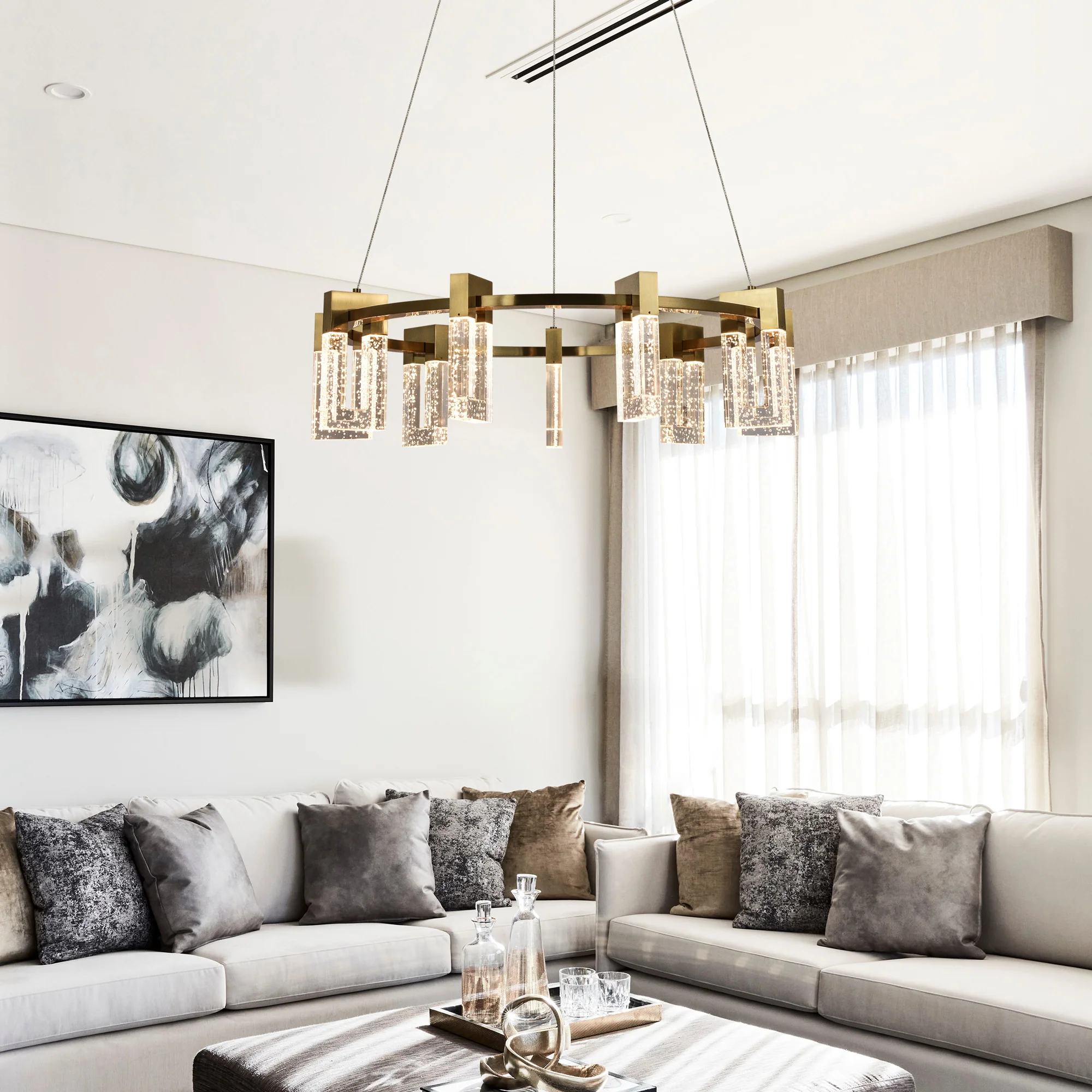 VONN Artisan Sorrento VAC3139AB 27" Integrated LED ETL Certified Pendant, Height Adjustable Ring Chandelier, Antique Brass - Image 4