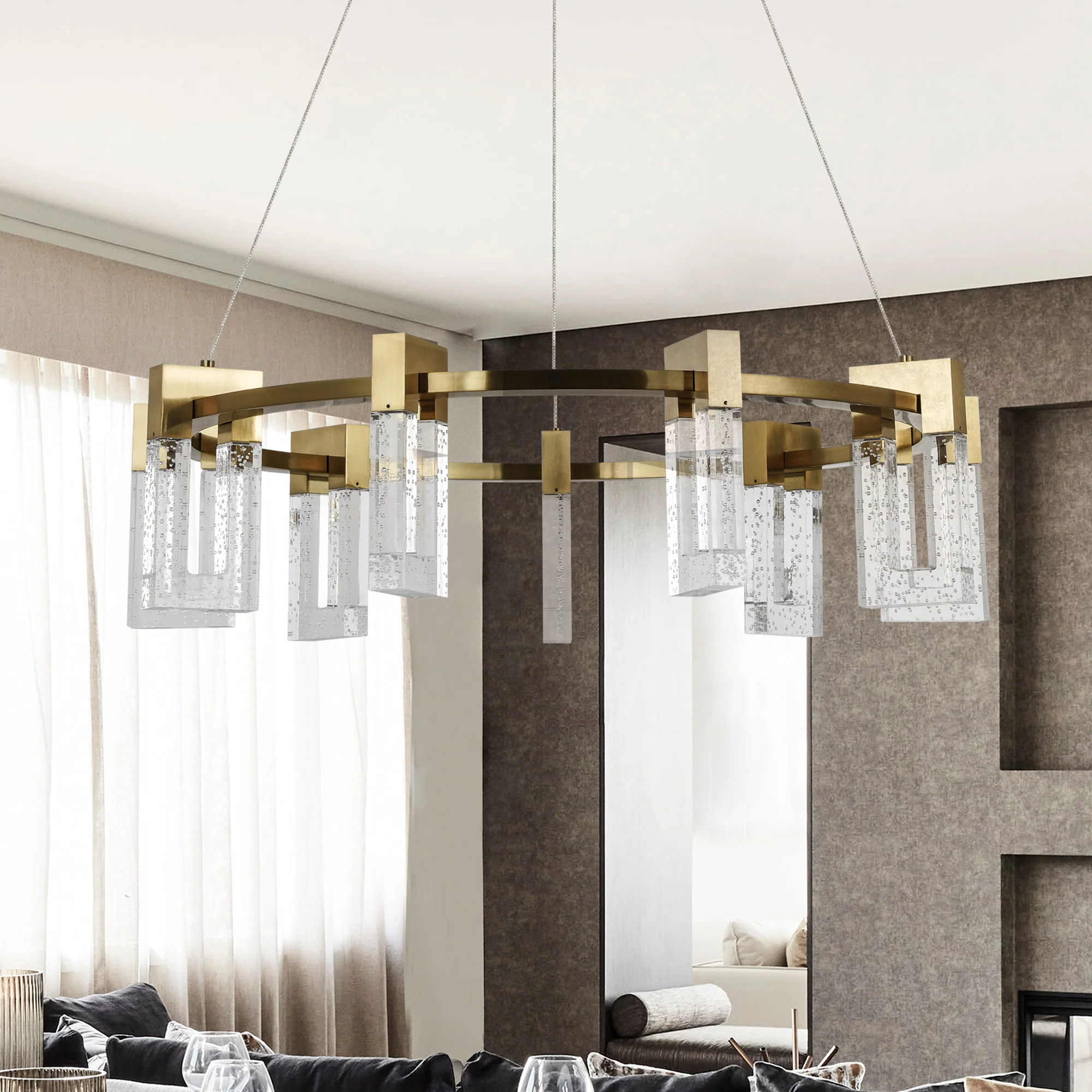 VONN Artisan Sorrento VAC3139AB 27" Integrated LED ETL Certified Pendant, Height Adjustable Ring Chandelier, Antique Brass - Image 5
