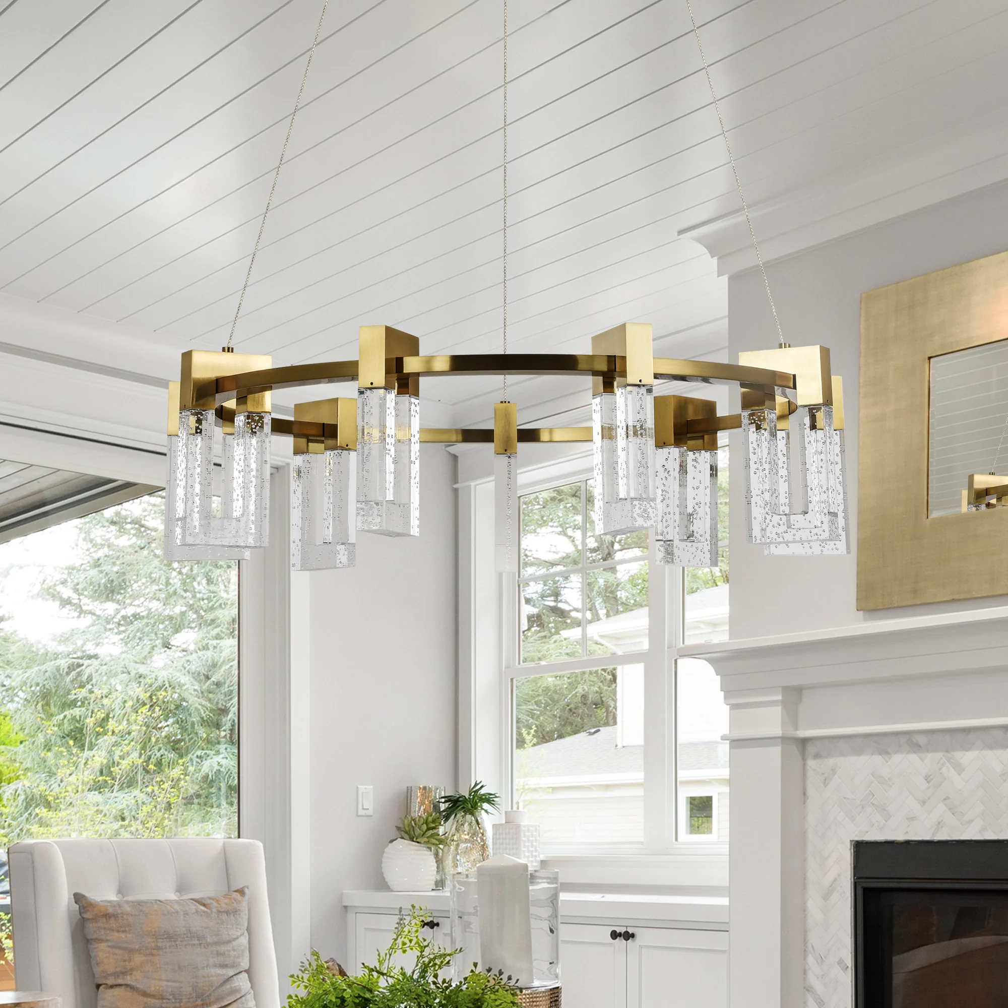 VONN Artisan Sorrento VAC3139AB 27" Integrated LED ETL Certified Pendant, Height Adjustable Ring Chandelier, Antique Brass - Image 6