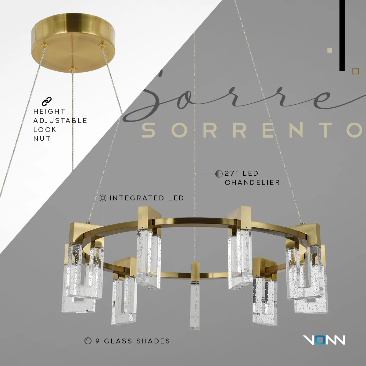 VONN Artisan Sorrento VAC3139AB 27" Integrated LED ETL Certified Pendant, Height Adjustable Ring Chandelier, Antique Brass - Image 8