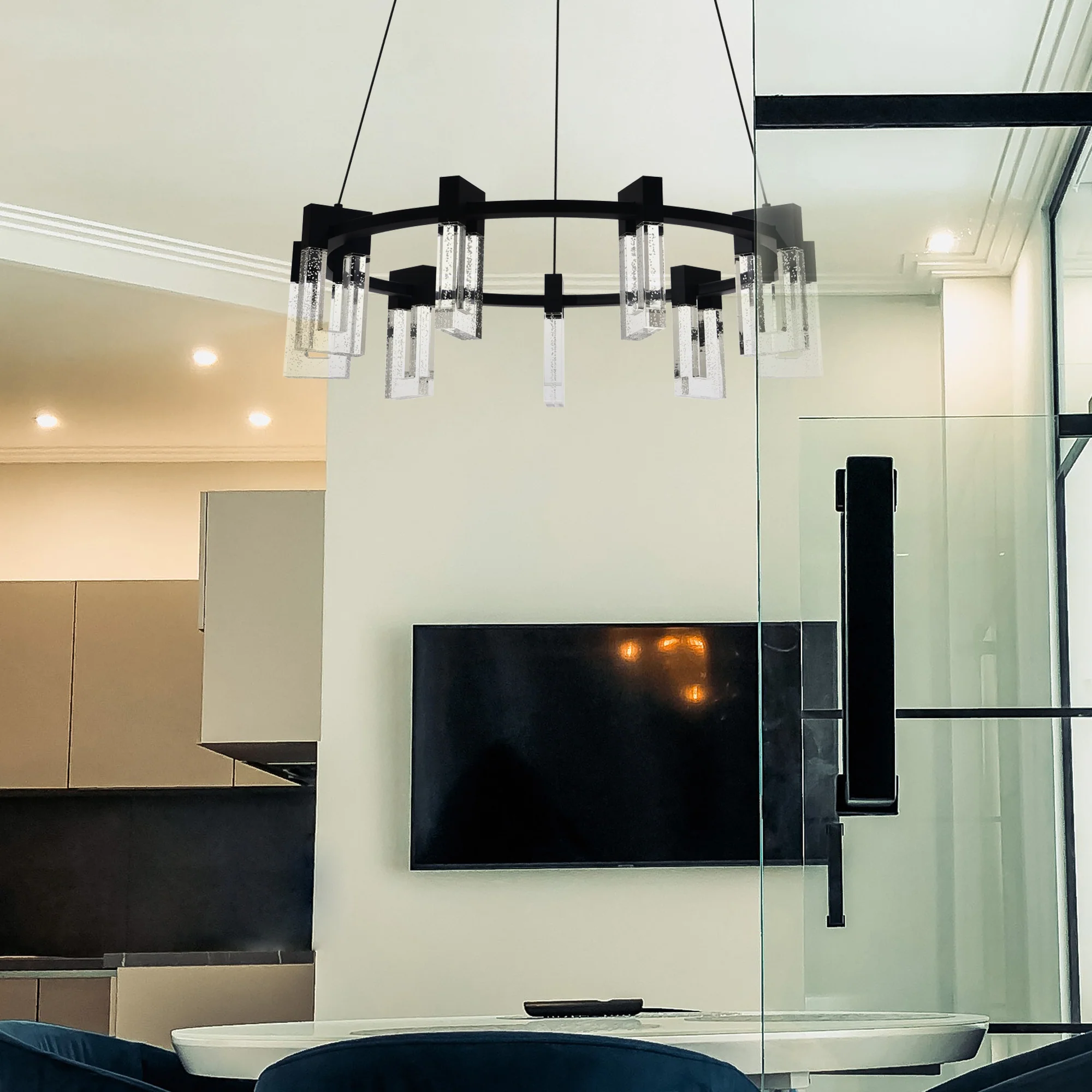 VONN Artisan Sorrento VAC3139BL 27" 9-Light ETL Cert Integrated LED Pendant, Height Adjustable Ring Chandelier, Black - Image 3
