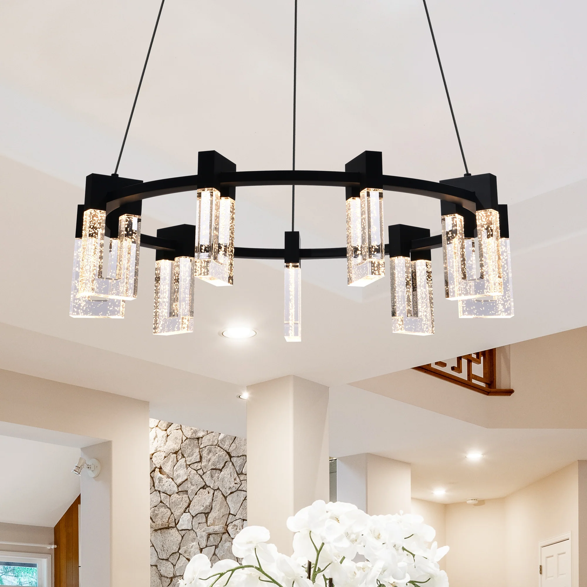 VONN Artisan Sorrento VAC3139BL 27" 9-Light ETL Cert Integrated LED Pendant, Height Adjustable Ring Chandelier, Black - Image 4