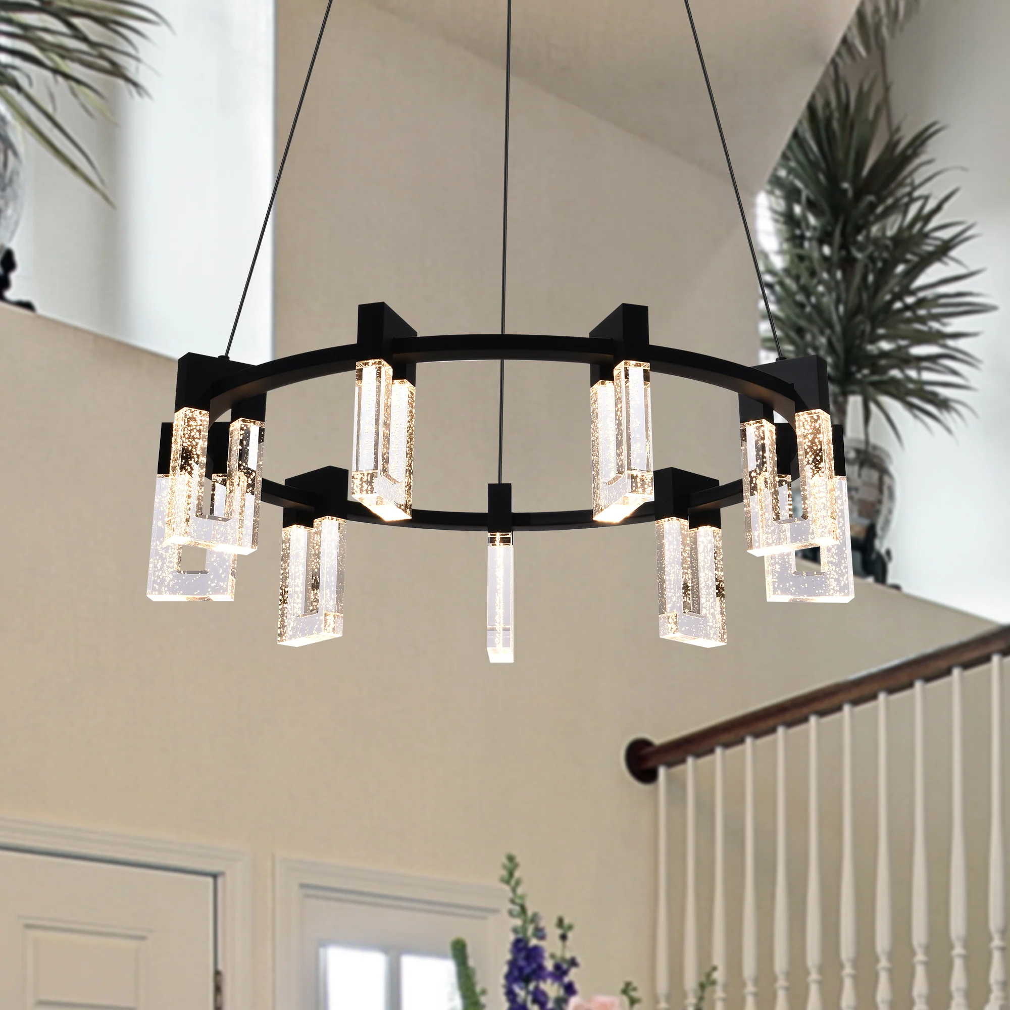 VONN Artisan Sorrento VAC3139BL 27" 9-Light ETL Cert Integrated LED Pendant, Height Adjustable Ring Chandelier, Black - Image 5