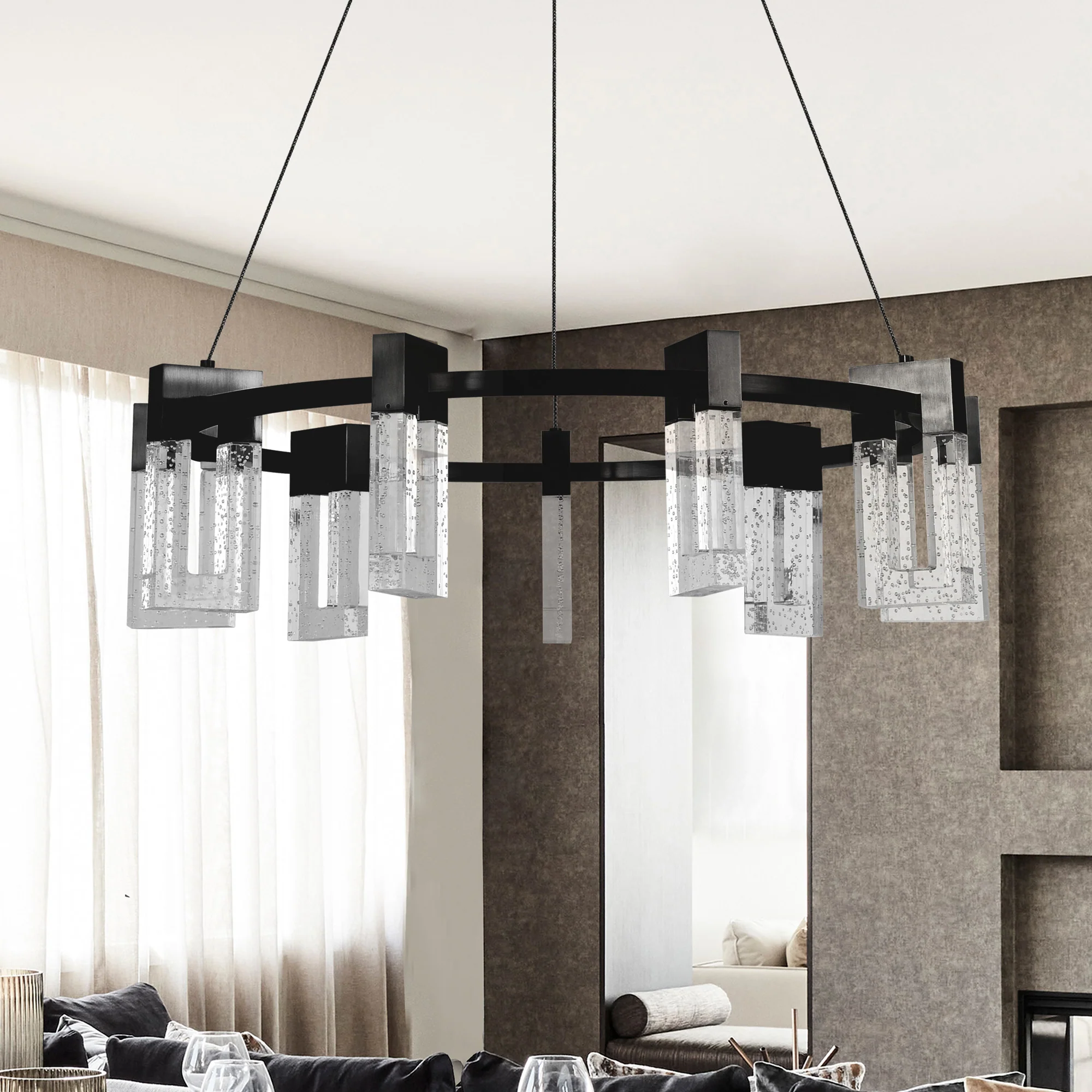VONN Artisan Sorrento VAC3139BL 27" 9-Light ETL Cert Integrated LED Pendant, Height Adjustable Ring Chandelier, Black - Image 6