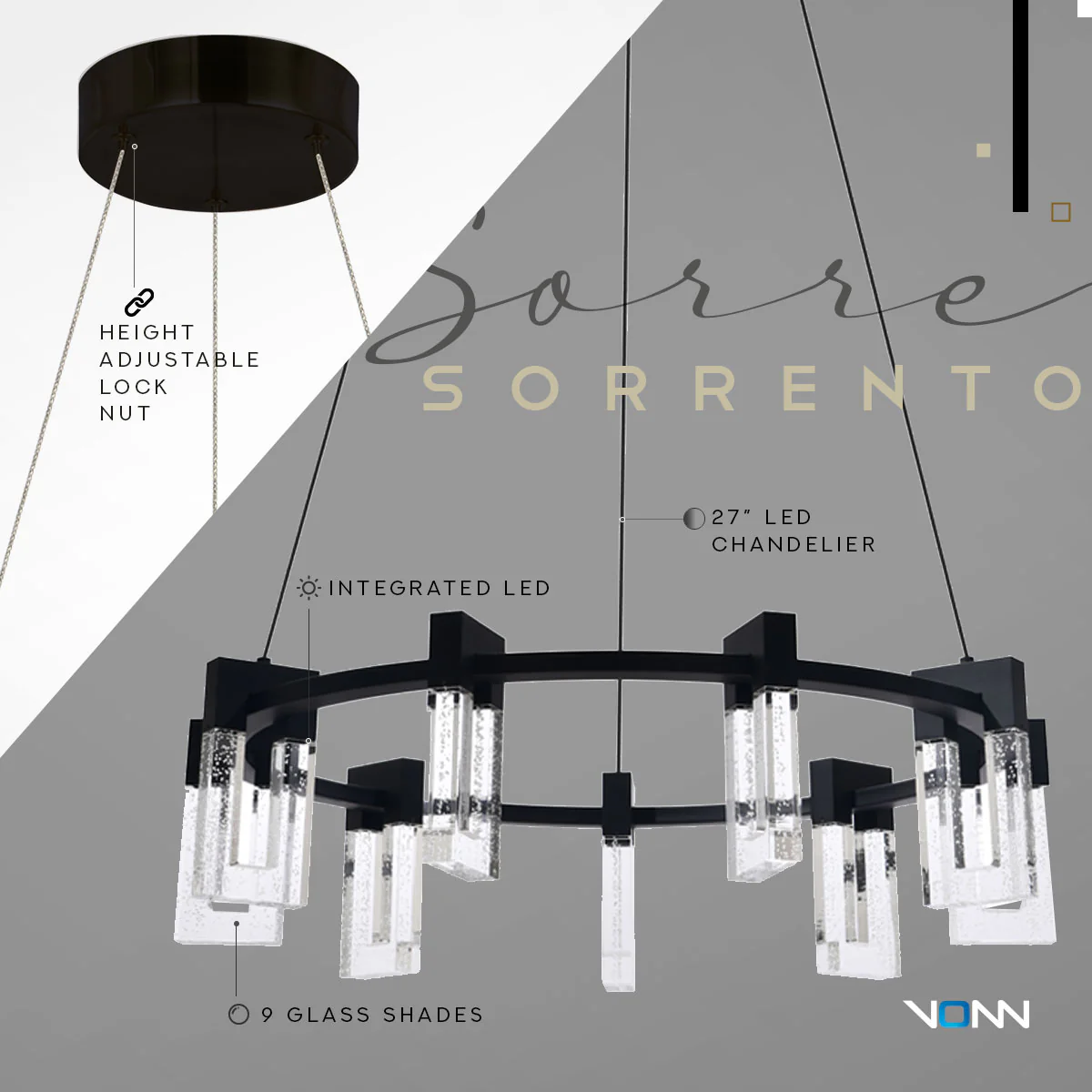 VONN Artisan Sorrento VAC3139BL 27" 9-Light ETL Cert Integrated LED Pendant, Height Adjustable Ring Chandelier, Black - Image 7