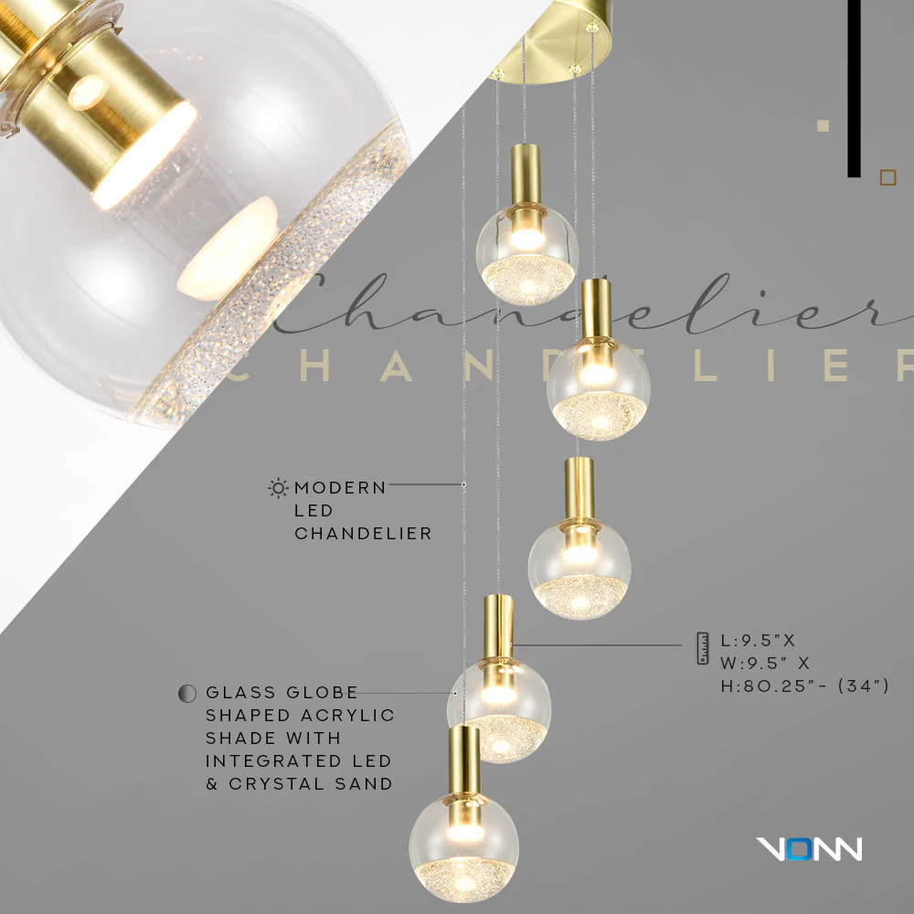 VONN Artisan Sienna VAC3185BRS 5-Light ETL Certified Integrated LED Pendant, Height Adjustable Chandelier, Brass - Image 6