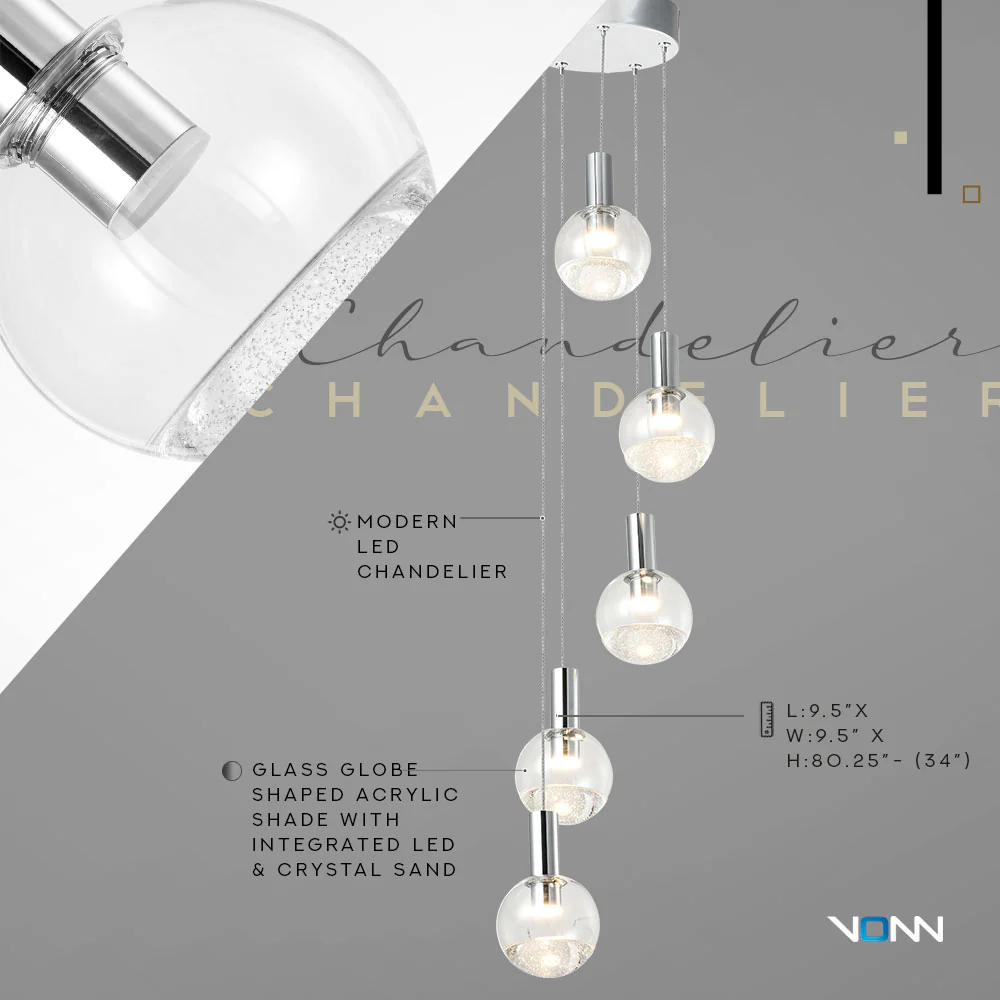 VONN Artisan Sienna VAC3185CH 5-Light ETL Certified Integrated LED Pendant, Height Adjustable Chandelier, Chrome - Image 6