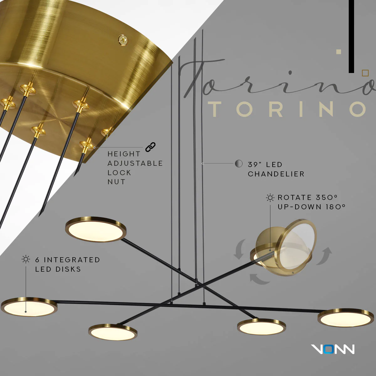 VONN Artisan Torino VAC3196AB 39" Height Adjustable Integrated LED ETL Certified Chandelier, Disks Rotate, Antique Brass - Image 7