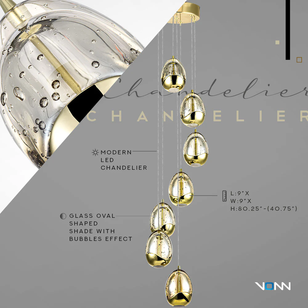 VONN Artisan Venezia VAC3207GL 7-Light Integrated LED ETL Certified Pendant, Height Adjustable Chandelier, Gold - Image 7