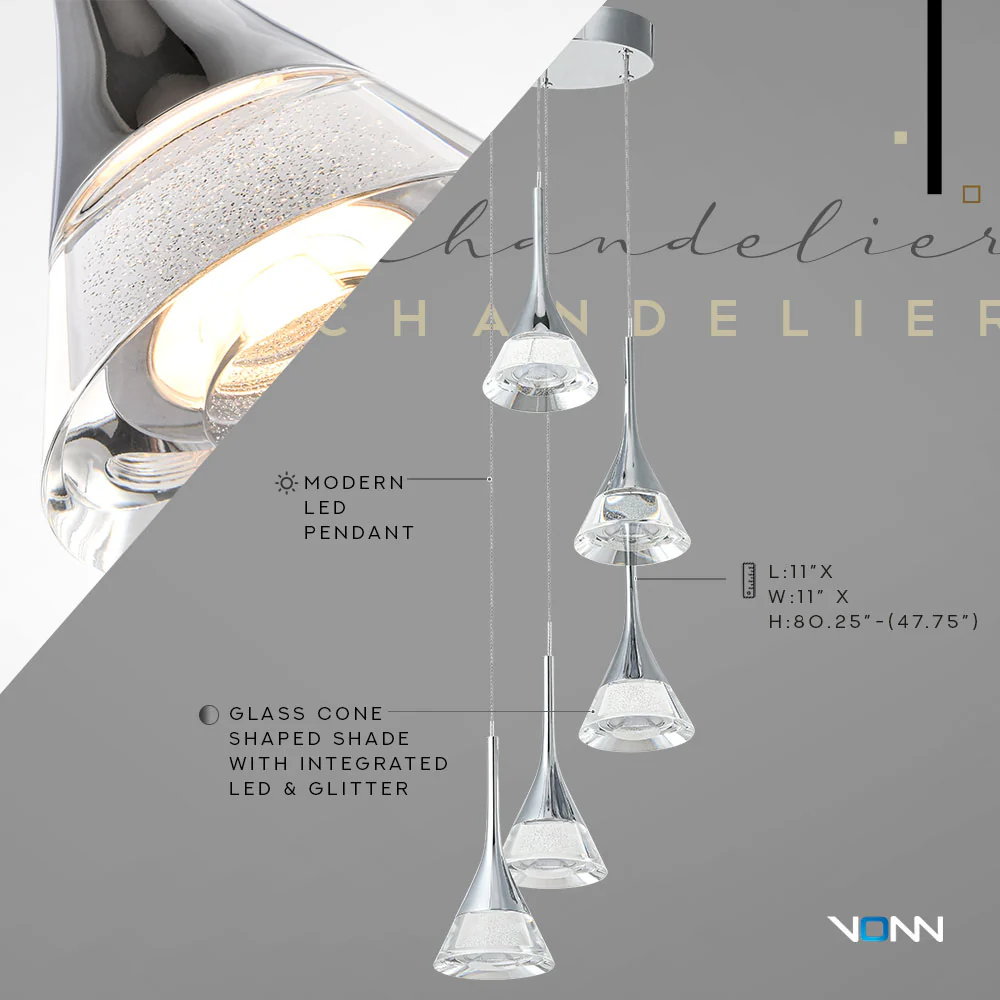 VONN Artisan Amalfi VAC3215CH 5-Light Integrated LED ETL Certified Pendant, Height Adjustable Chandelier, Chrome - Image 5