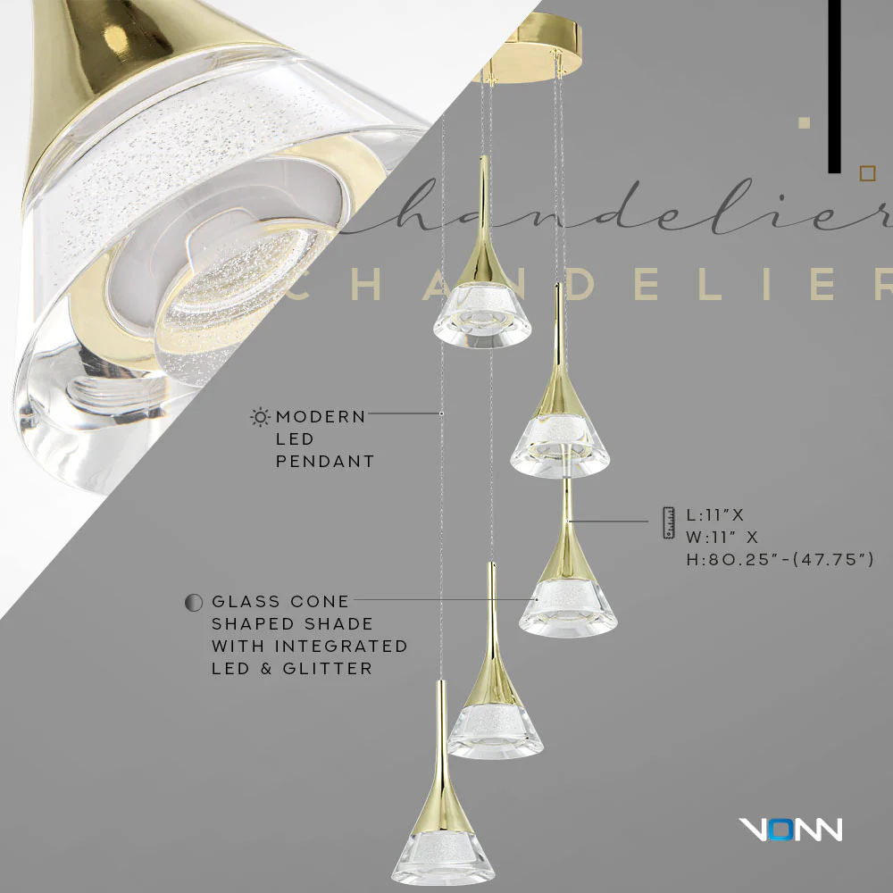 VONN Artisan Amalfi VAC3215GL 5-Light Integrated LED ETL Certified Pendant, Height Adjustable Chandelier, Gold - Image 5