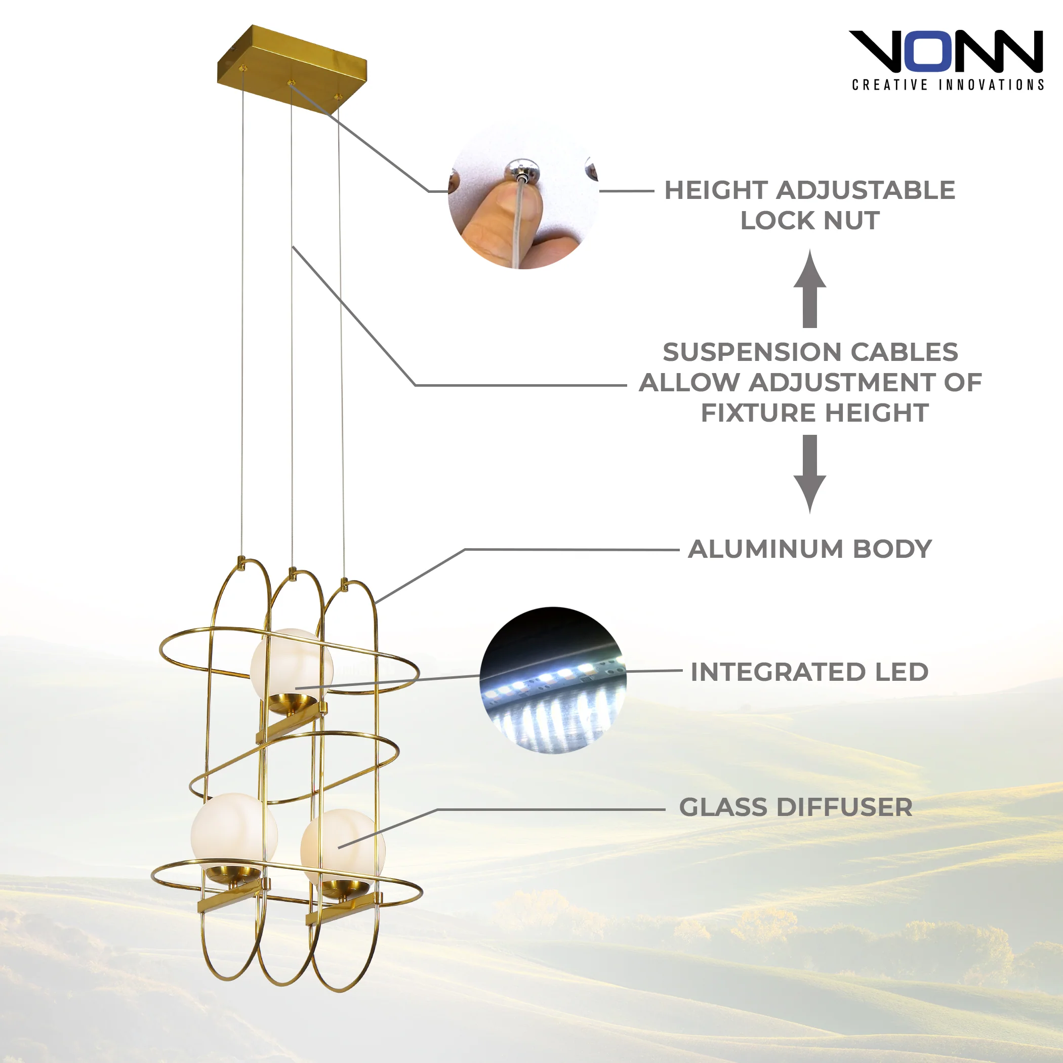 VONN Artisan Lyra VAC3273AB 16" Integrated LED ETL Certified Height Adjustable Chandelier, Pendant - Image 7
