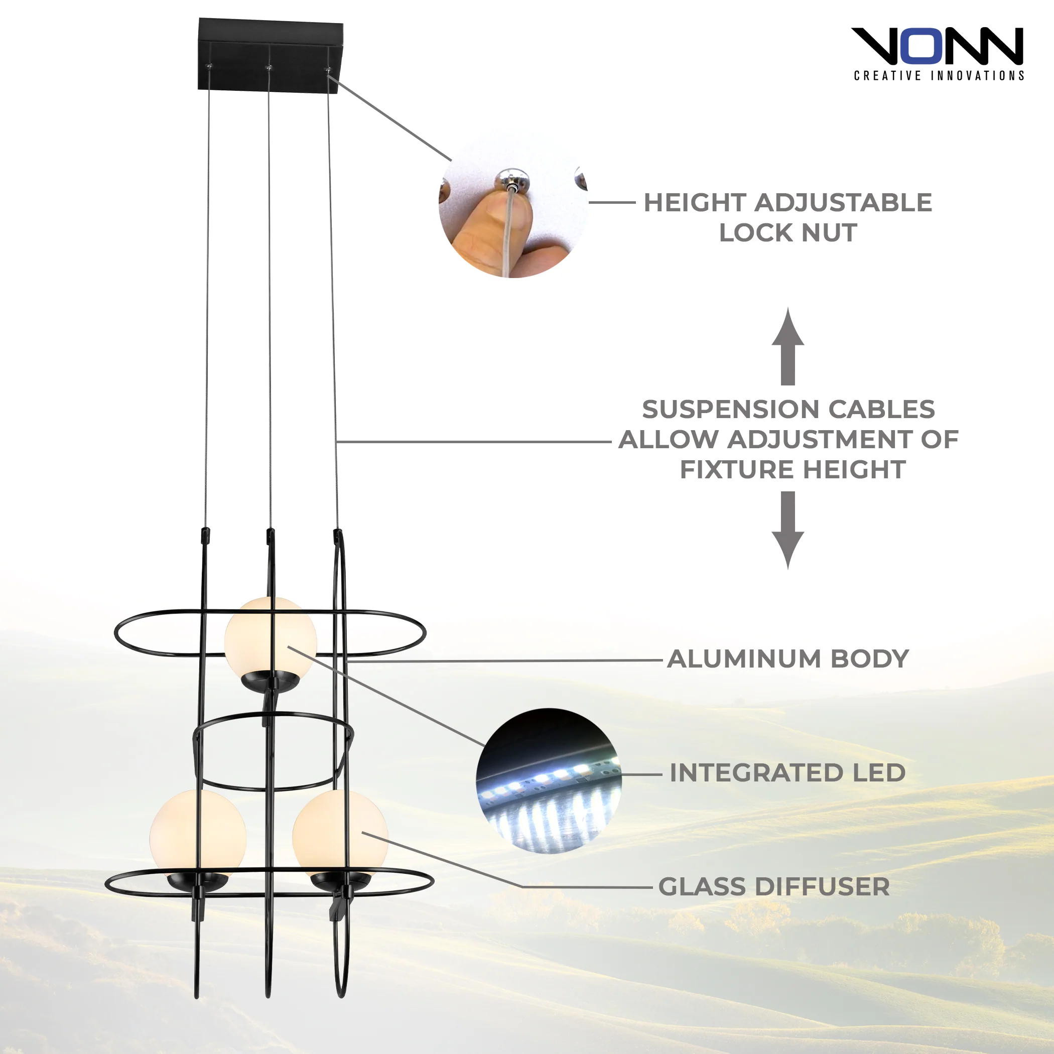 VONN Artisan Lyra VAC3273BL 16" Integrated LED ETL Certified Height Adjustable Chandelier, Black Pendant - Image 5