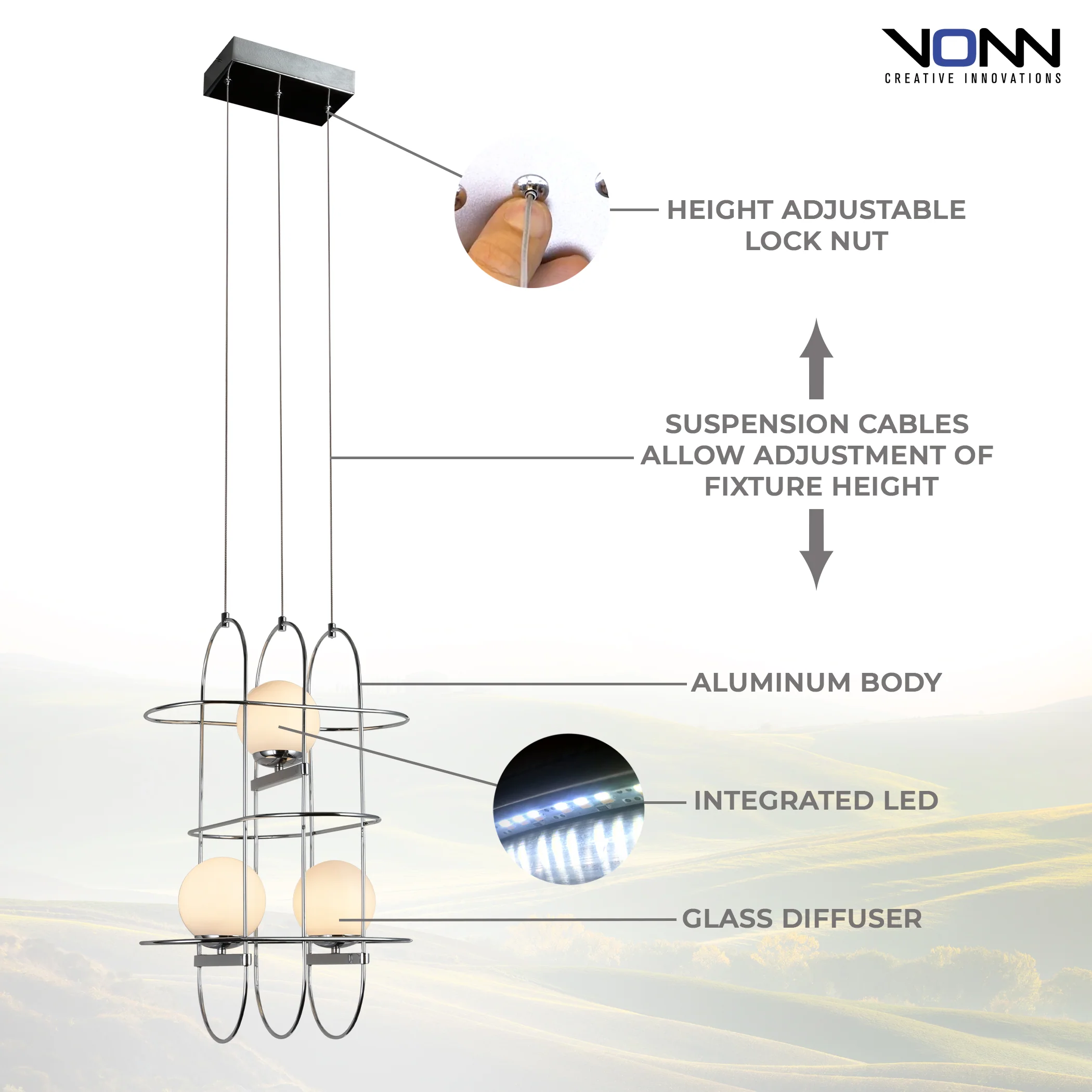 VONN Artisan Lyra VAC3273CH 16" Integrated LED ETL Certified Height Adjustable Chandelier, Chrome Pendant - Image 6