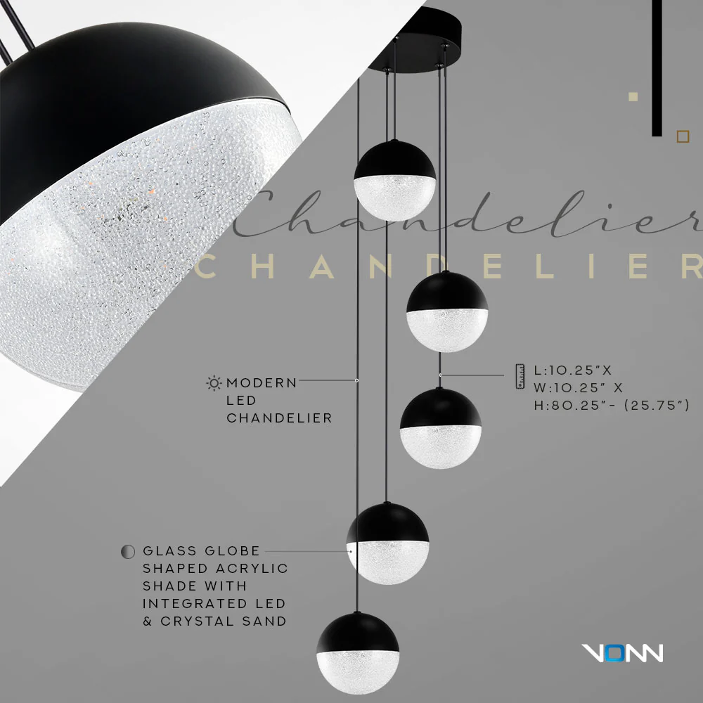 VONN Artisan Ravello VAC3285BL 5-Light Integrated LED ETL Certified Pendant Height Adjustable Chandelier, Black - Image 7