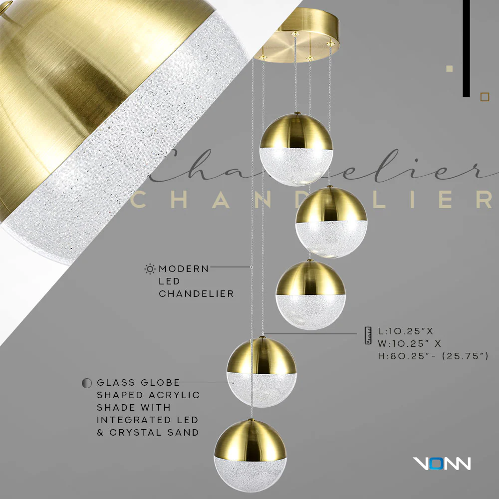 VONN Artisan Ravello VAC3285BRS 5-Light Integrated LED ETL Certified Pendant Height Adjustable Chandelier, Brass - Image 6